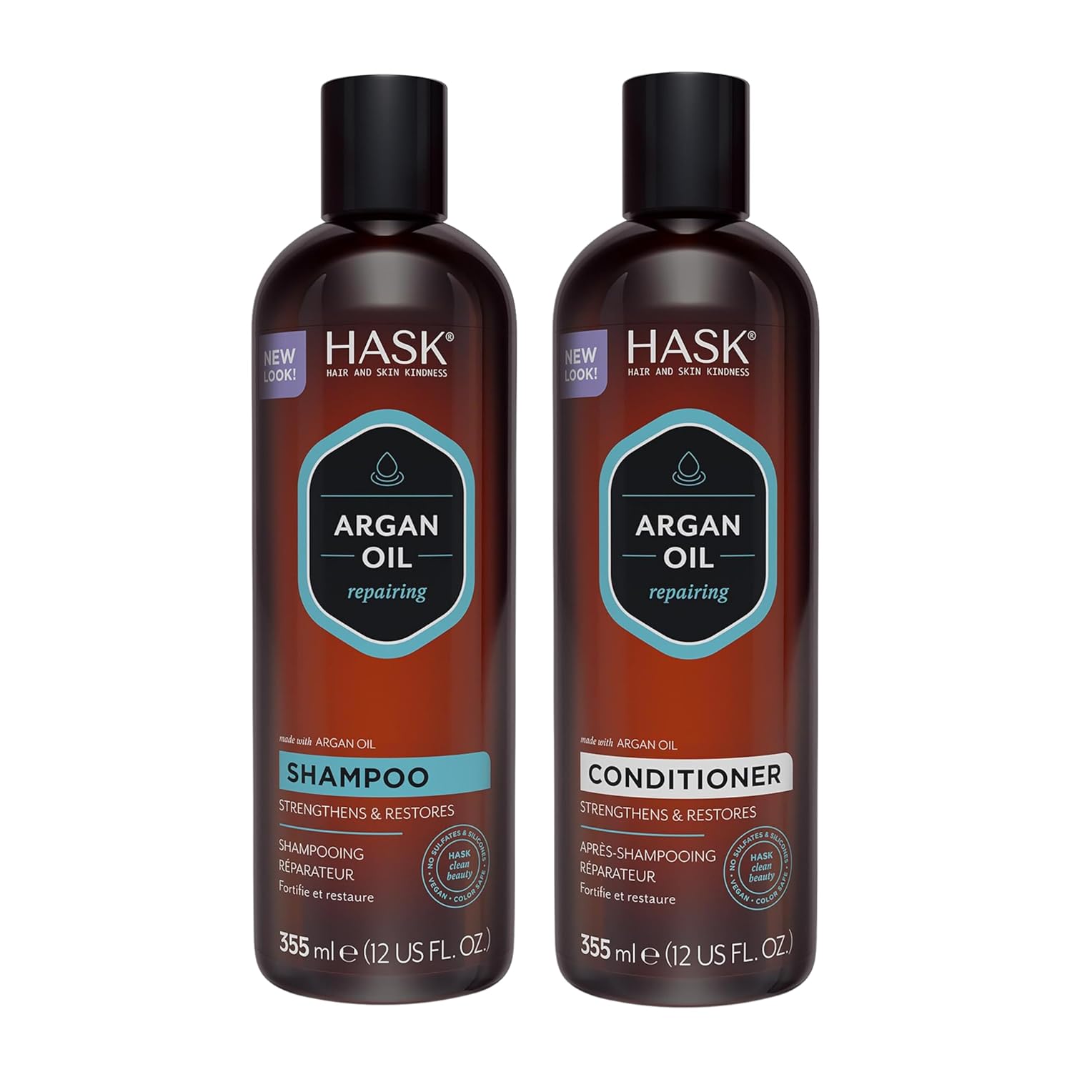 HASK ARGAN OIL Repairing Shampoo + Conditioner Set for All Hair Types, Color Safe, Gluten-Free, Sulfate-Free, Paraben-Free, Cruelty-Free – 1 Shampoo and 1 Conditioner