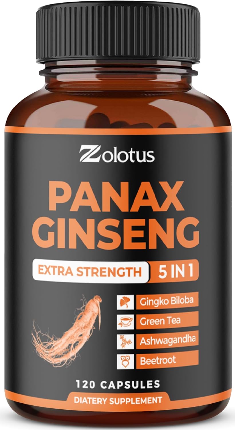 Zolotus Korean Red Panax Ginseng + Ginkgo Biloba – 2800mg Extra Strength with Ashwagandha, Beetroot, Green Tea – Support Strength, Stamina, Energy Production & Mood Balance – 120 Capsules