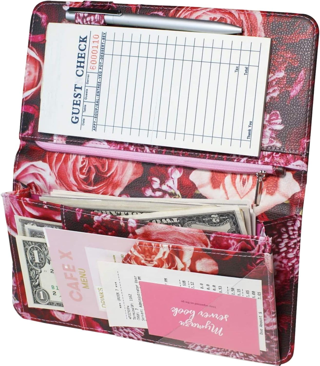 Server Book for Waitress with Zipper and Magnetic Pocket 5″ X 9″ Rose Flower Waitress Book Red Waiter Book Wallet Restaurant Waitstaff Organizer Fit Server Apron with Money Pocket