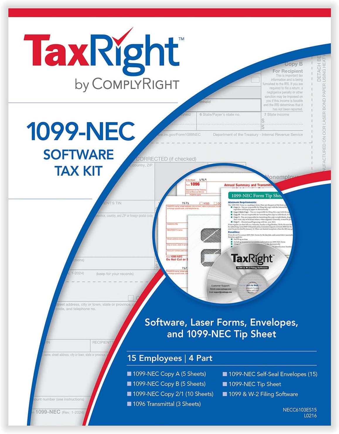 1099 NEC Tax Forms 2024 4 Part -15 Pack- with TaxRight (TFP) CD-ROM Software, Include 15 Self-Seal Envelopes