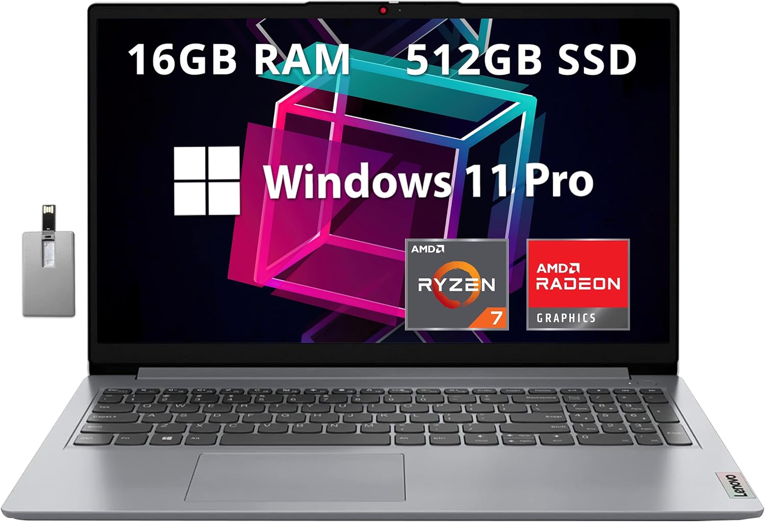 Lenovo IdeaPad 1 15.6″ FHD Anti-Glare Laptop, AMD Ryzen 7 5700U, 16GB RAM, 512GB PCIe SSD, AMD Radeon Graphics, HD Webcam, WiFi 6, Bluetooth, Win 11 Pro, Cloud Gray, 32GB Hotface USB Card