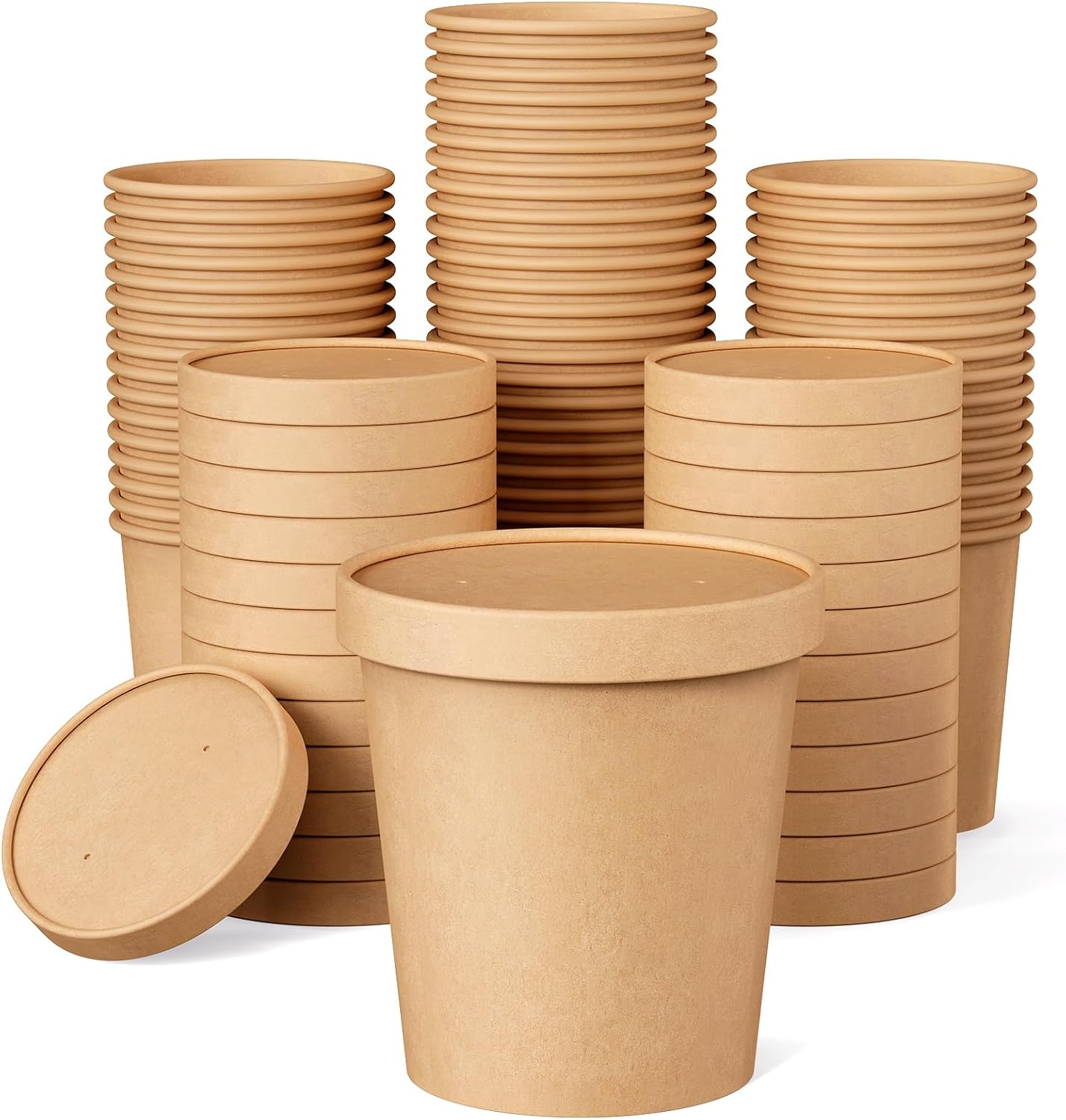 50pack 16oz Paper Soup Containers with Lids, Disposable Kraft Paper Food Cups, Ice Cream Cups, Paper food Storage with Lids, Microwavable and freezer safe, Suitable for Christmas Thanksgiving (Brown)