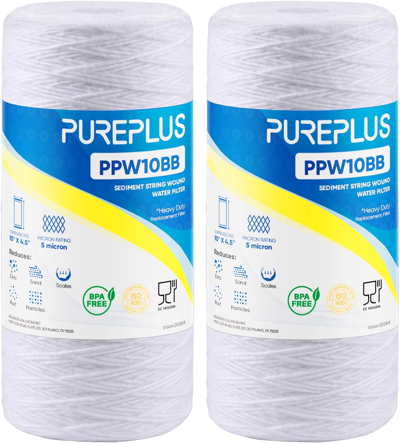 PUREPLUS 5 Micron 4.5″ x 10″ Whole House String Wound Sediment Filter for Well Water, Replacement Cartridge for 84637, WPX5BB97P, PC10, 355214-45, 355215-45, WP10BB97P, WP5BB97P, 2Pack