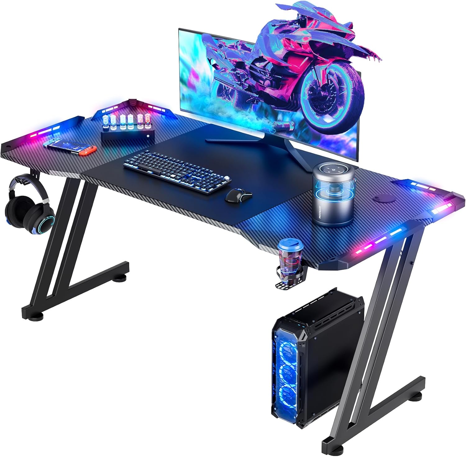 HLDIRECT 47 Inch Gaming Desk with LED Lights Carbon Fibre Surface Gaming Table Large Computer Desk Ergonomic Home Office Desks Z Shaped PC Gamer Workstations with Cup Holder & Headphone Hook