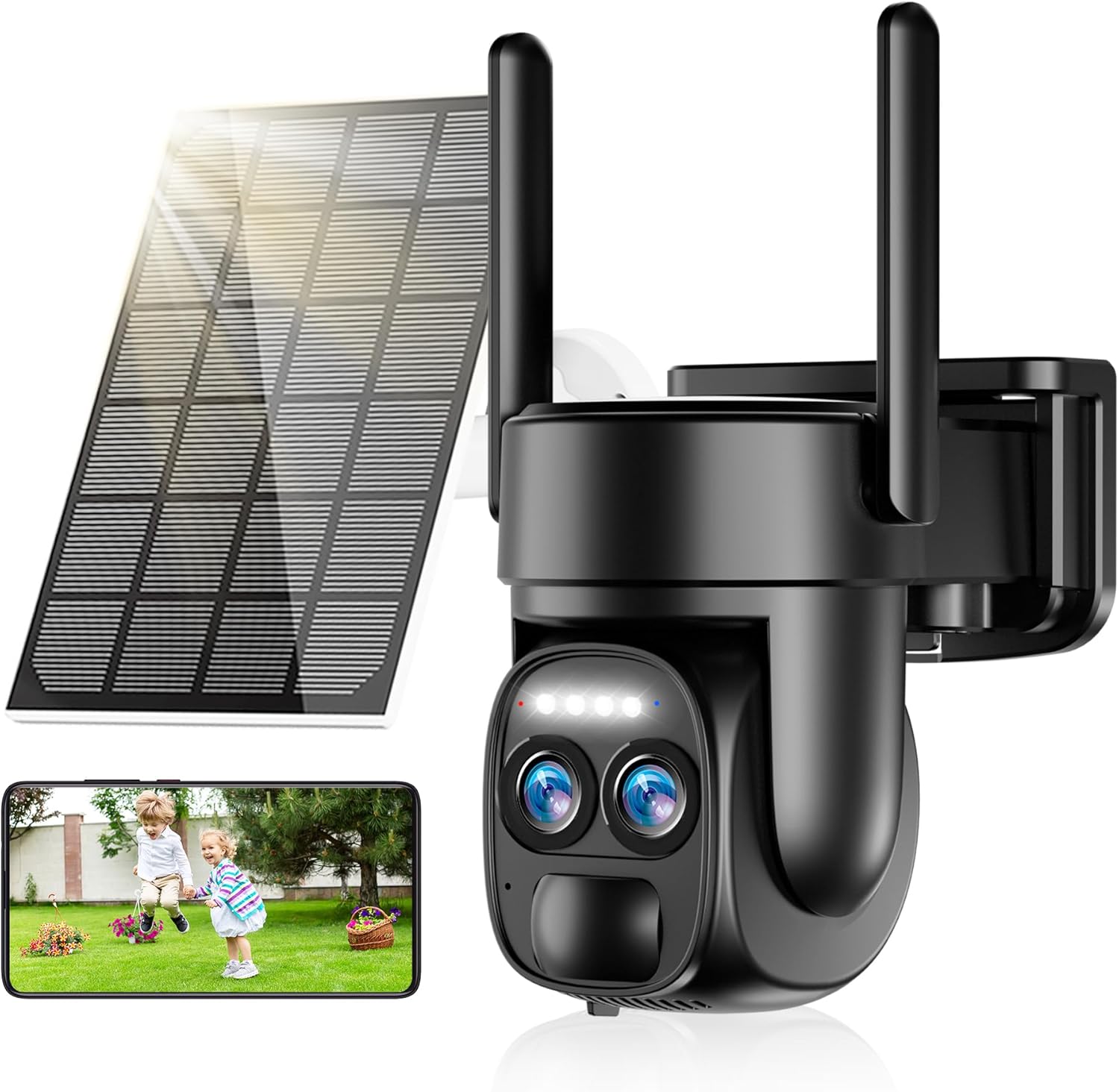 Uniter 4K Solar Security Cameras Wireless Outdoor, 8MP 2.4GHz WiFi PTZ Camera Battery Powered, 360°View Home Security Systems with Color Night Vision, Spotlight Siren, PIR Sensor, IP66