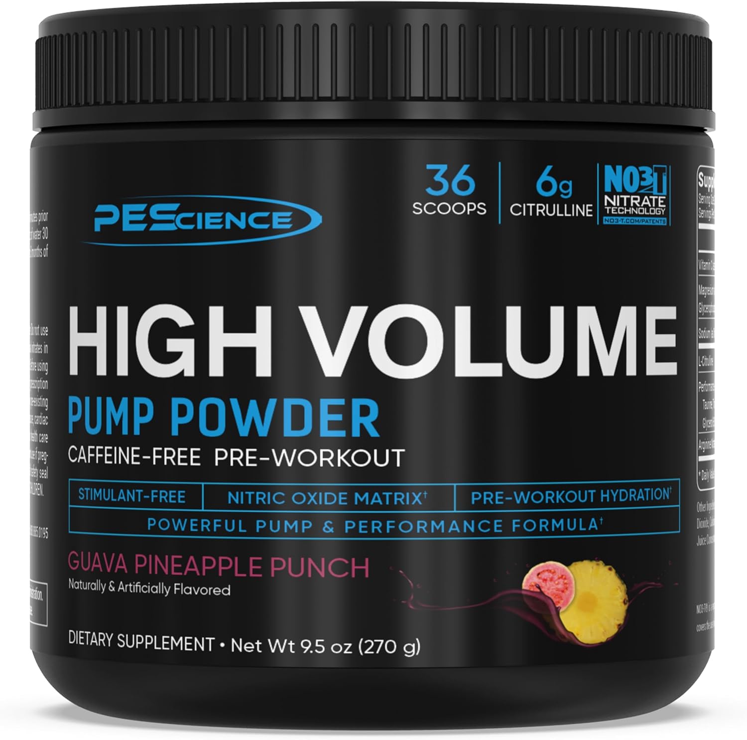 PEScience High Volume Nitric Oxide Booster Pump Pre Workout Powder, Guava Pineapple Punch, 36 Scoops, Caffeine Free