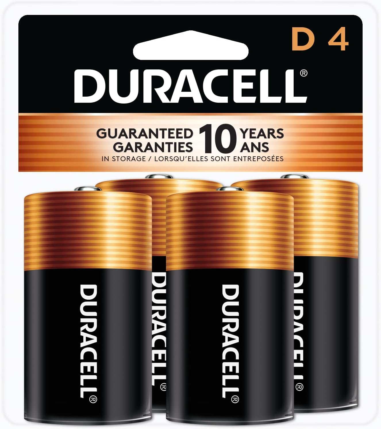 Duracell Coppertop D Batteries, 4 Count Pack, D Battery with Long-lasting Power, All-Purpose Alkaline D Battery for Household and Office Devices