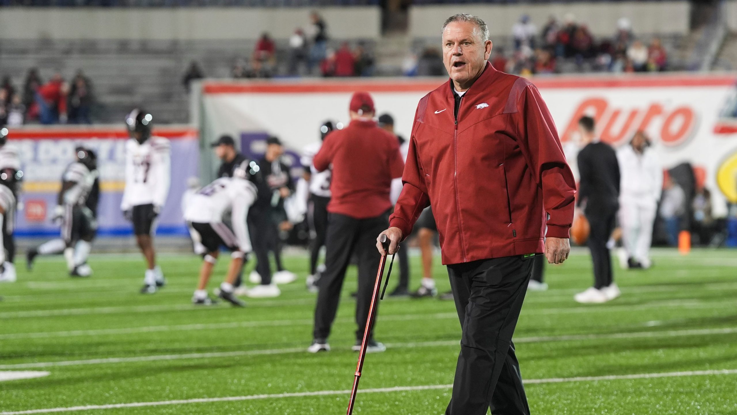 Why Arkansas football’s Sam Pittman is using cane in Liberty Bowl