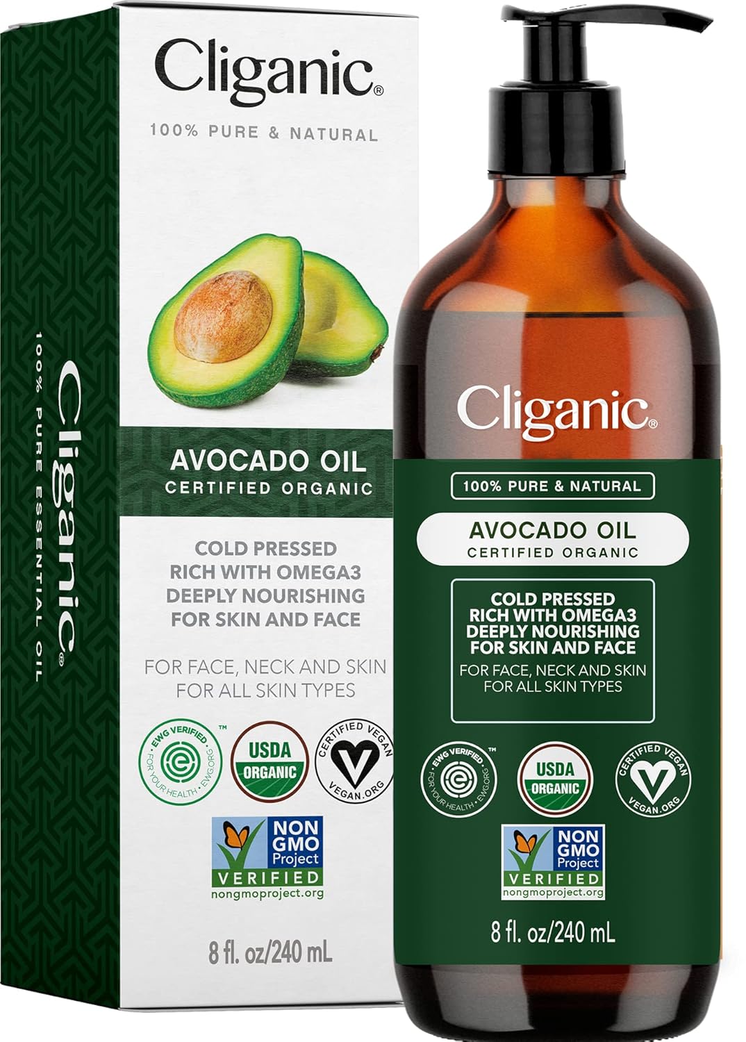 Cliganic Organic Avocado Oil, 100% Pure (8oz) – for Skin & Hair, Nourishing Carrier Oil for Face & Body