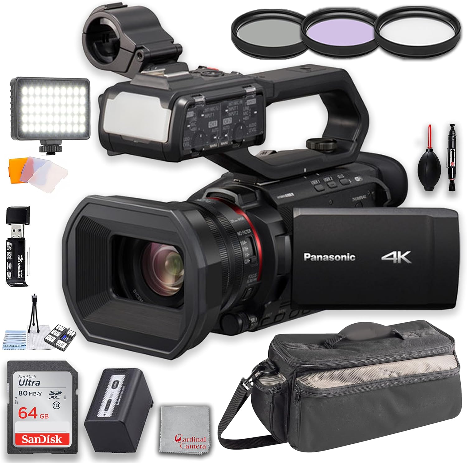 Panasonic HC-X2000 UHD 4K 3G-SDI/HDMI Pro Camcorder with 24x Zoom + LED Video Light + 64GB Memory + Filters + Case & More, compact