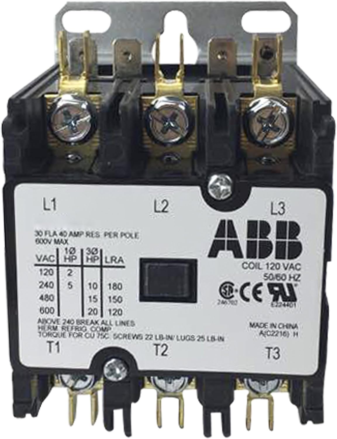 ABB DP30C3P-1 Contactor, 30A, 3P, Definite Purpose, 600VAC, 120VAC Coil