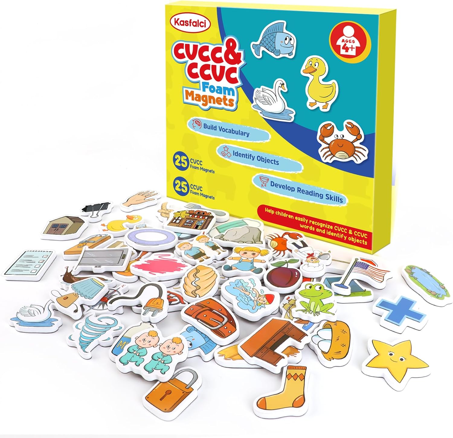 CVCC & CCVC Word Games, 50 Magnetic Foam Objects Fridge Magnets for Kids, Speech Therapy Toys for Toddler, Learn to Read Spelling Reading Learning Phonics for Preschool Kindergarten Classroom