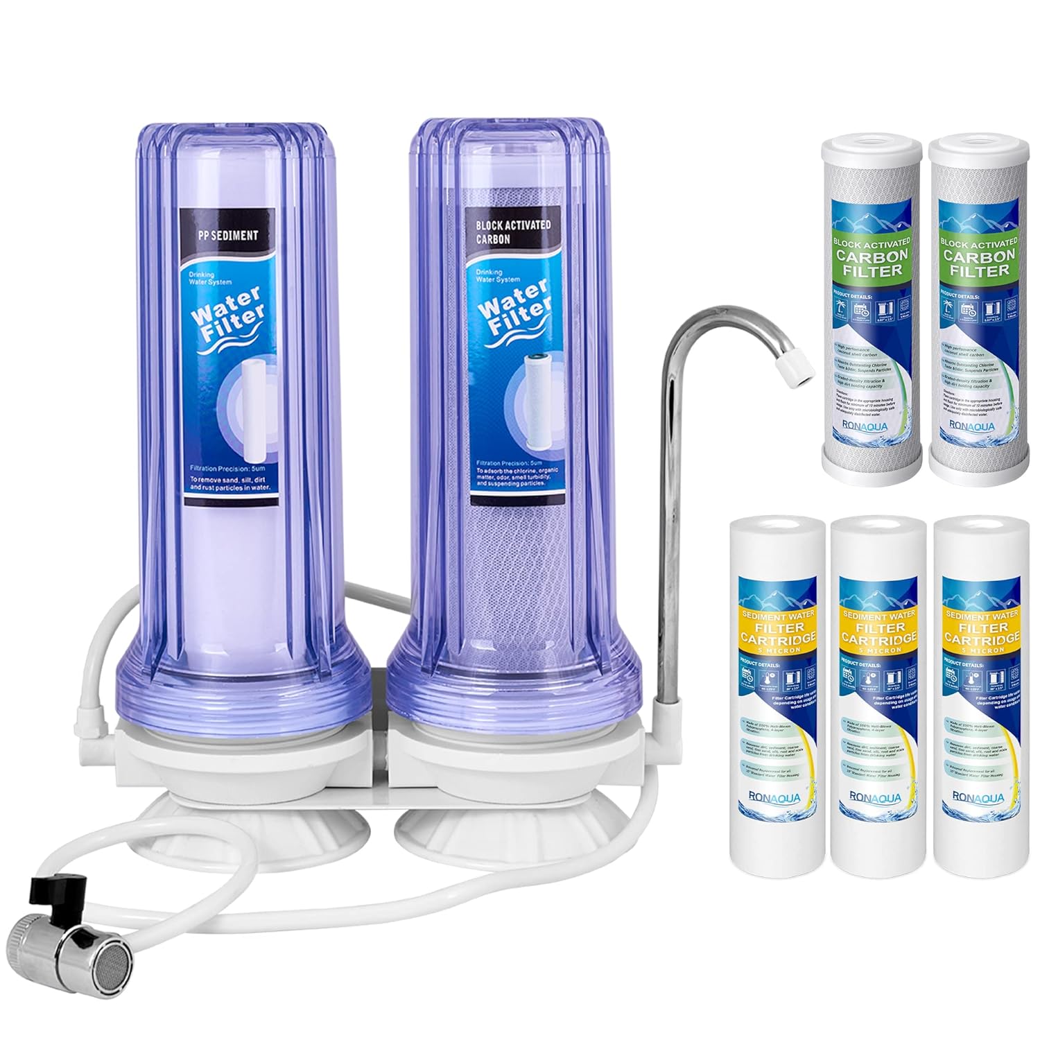 2 Stage Countertop Drinking Water Filtration System Removes Chlorine, Transparent Housing and Yearly Supply (2 extra) CTO & (3 extra) PP Sediment Cartridges 5 Micron, Meets NSF Standards & Regulations