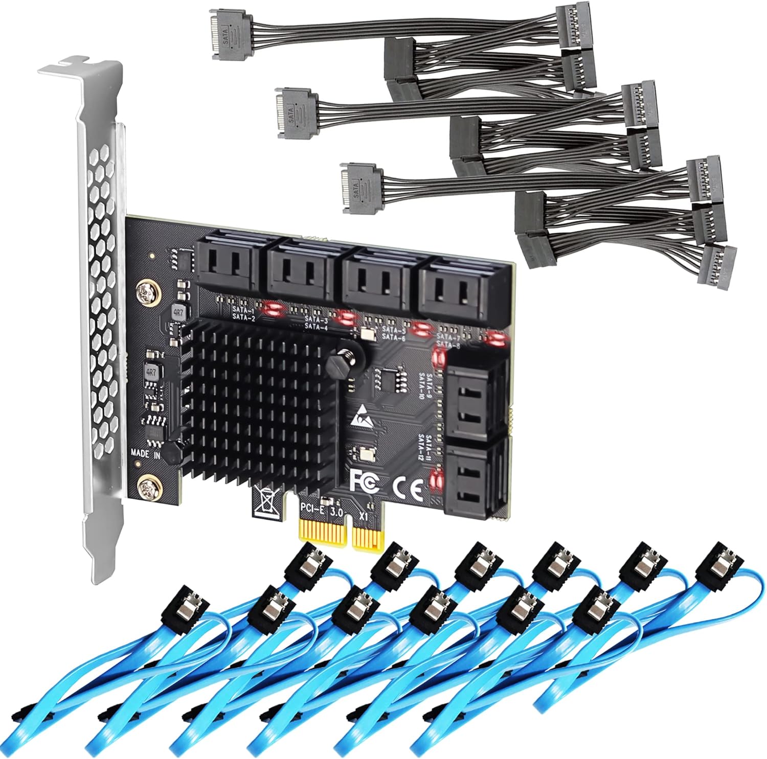 GLOTRENDS SA3112J 12 Ports PCIe SATA Expansion Card, Including SATA Cables and 1:5 SATA Splitter Power Cable, Compatible with Windows,Linux,Mac OS,NAS