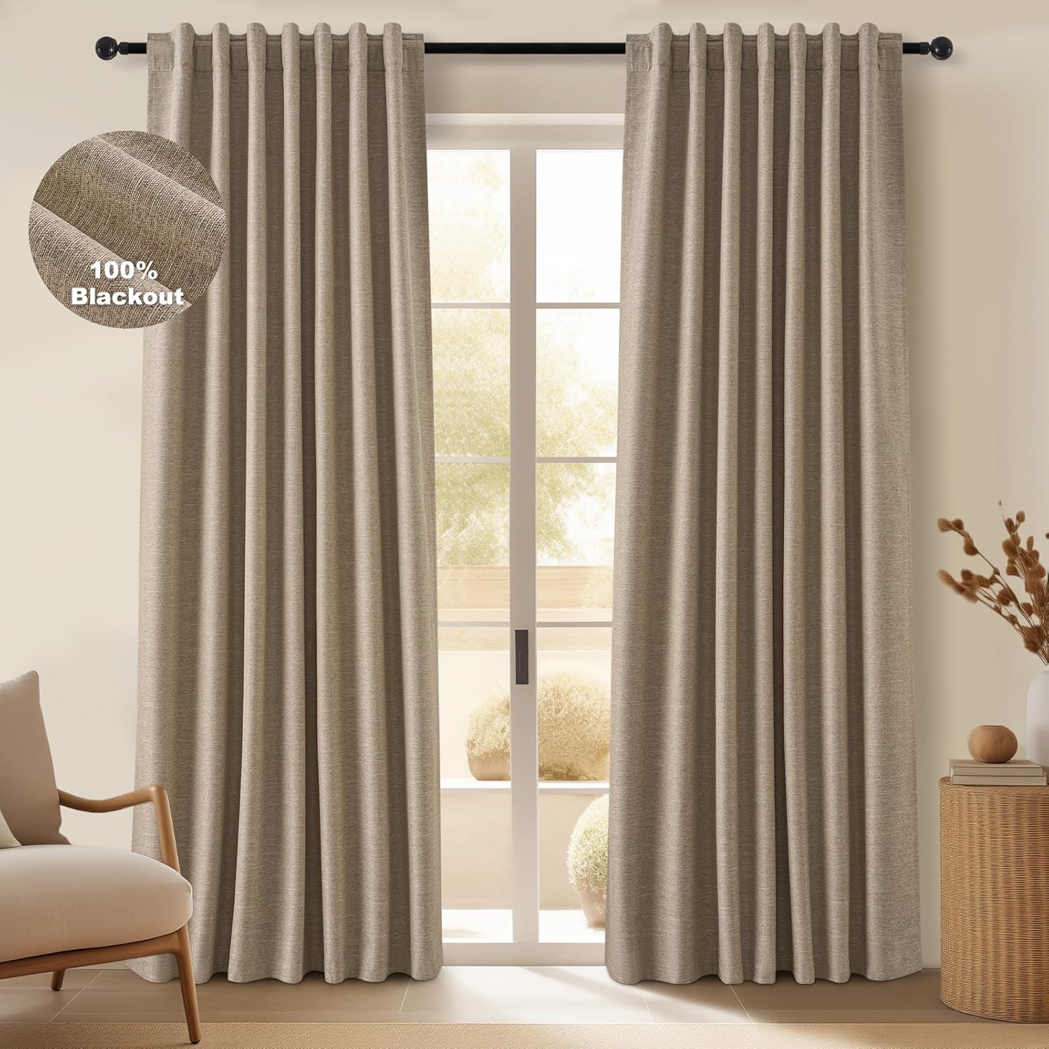 Topfinel Extra Long Total Blackout Linen Curtains 108 Inches Long for Living Room Large Window with Hooks Rings, Pinch Pleated Cold Blocking Acoustic Heavy Taupe Track Curtains 2 Panels 9 FT