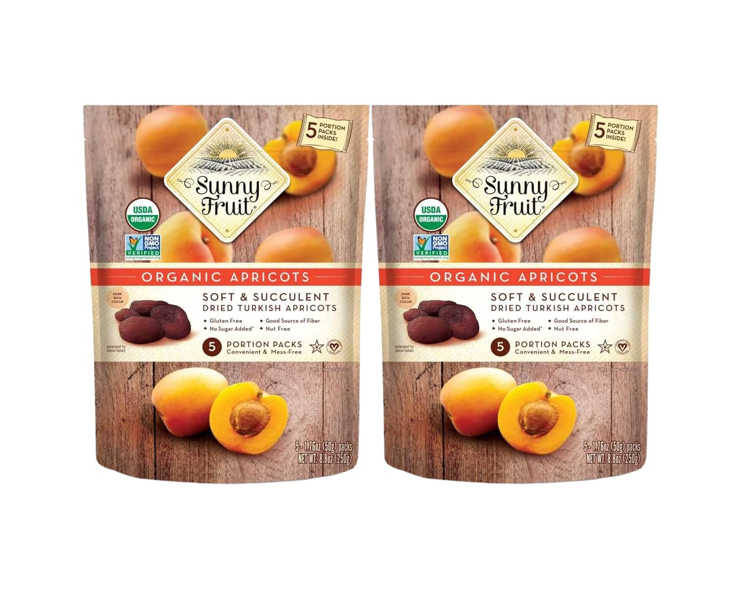 ORGANIC Turkish Dried Apricots – Sunny Fruit (2 Bags) – (5) Portion Packs per Bag – NO Added Sugars, Sulfurs or Preservatives | NON-GMO, VEGAN & HALAL