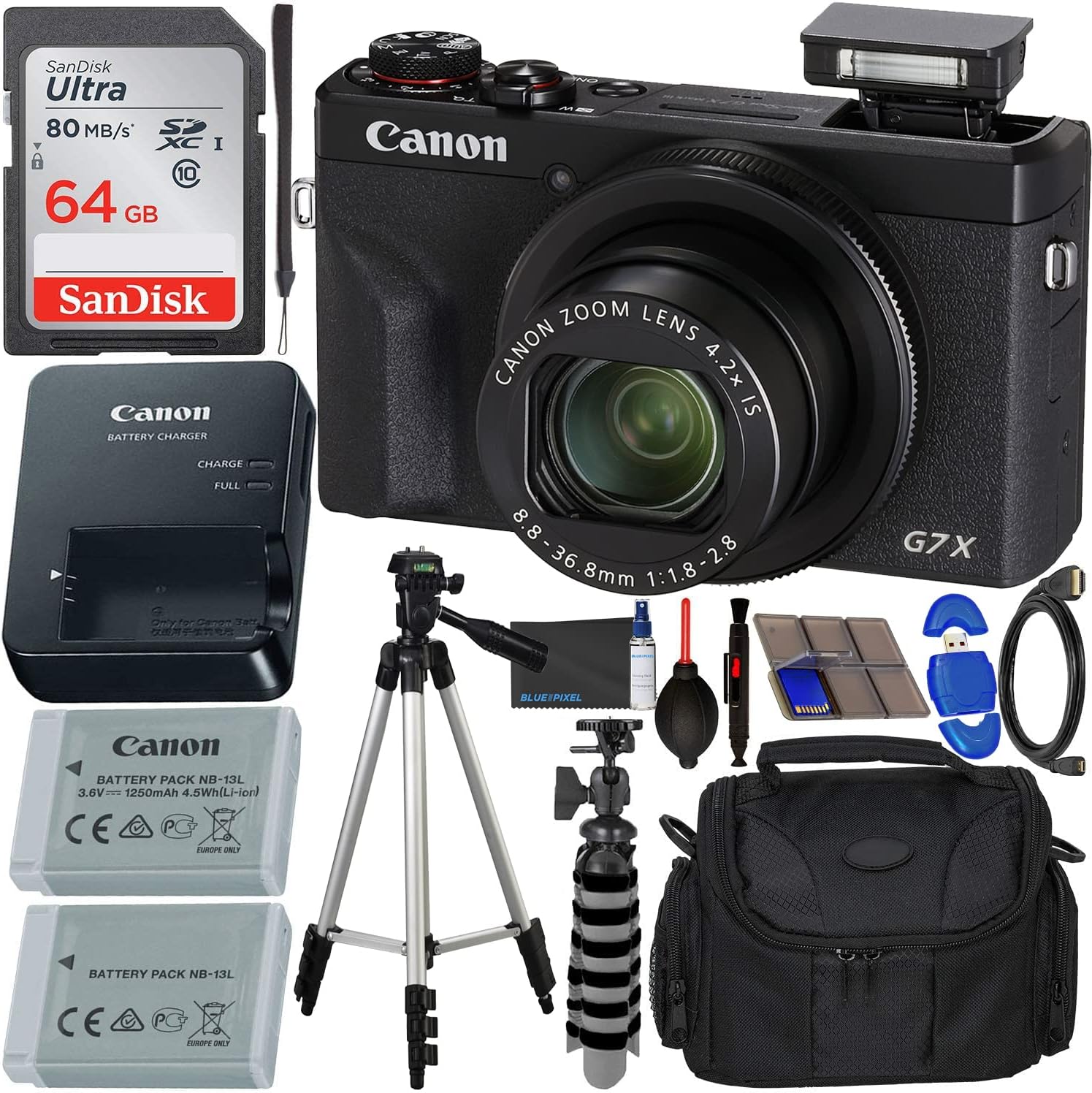 Canon PowerShot G7 X Mark III Digital Camera (Black) with Accessory Bundle – Includes: SanDisk Ultra 64GB SDXC Memory Card, Replacement Battery, Full Size Tripod, Carrying Case & More (Renewed)