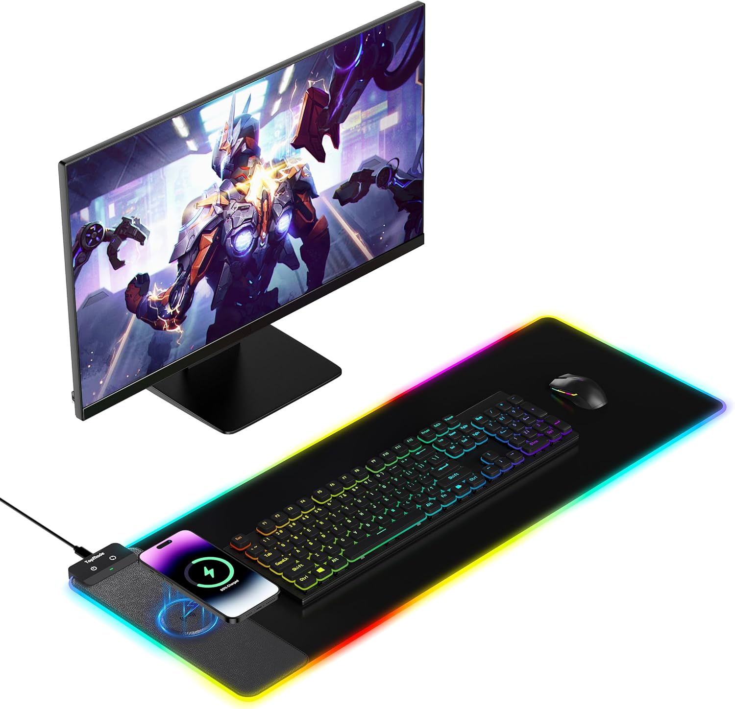 TopMade RGB Gaming Mouse Pad, 15W Wireless Charging Mousepad with 13 Light Modes, Ultra-Smooth Surface, Non-Slip Base, Waterproof Keyboard Mat for MacBook, PC, Laptop (No Power Adapter Included)