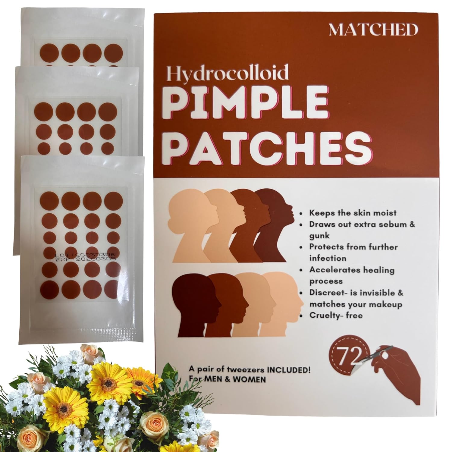 MATCHED Hydrocolloid Pimple Patches-Invisible Acne Patches for Face, 3 Sizes, 72-Count (1 Pack), Zit Patches that match Skin tone for Daytime Use, Hydrocolloid patch for proactive acne treatment (MTG)