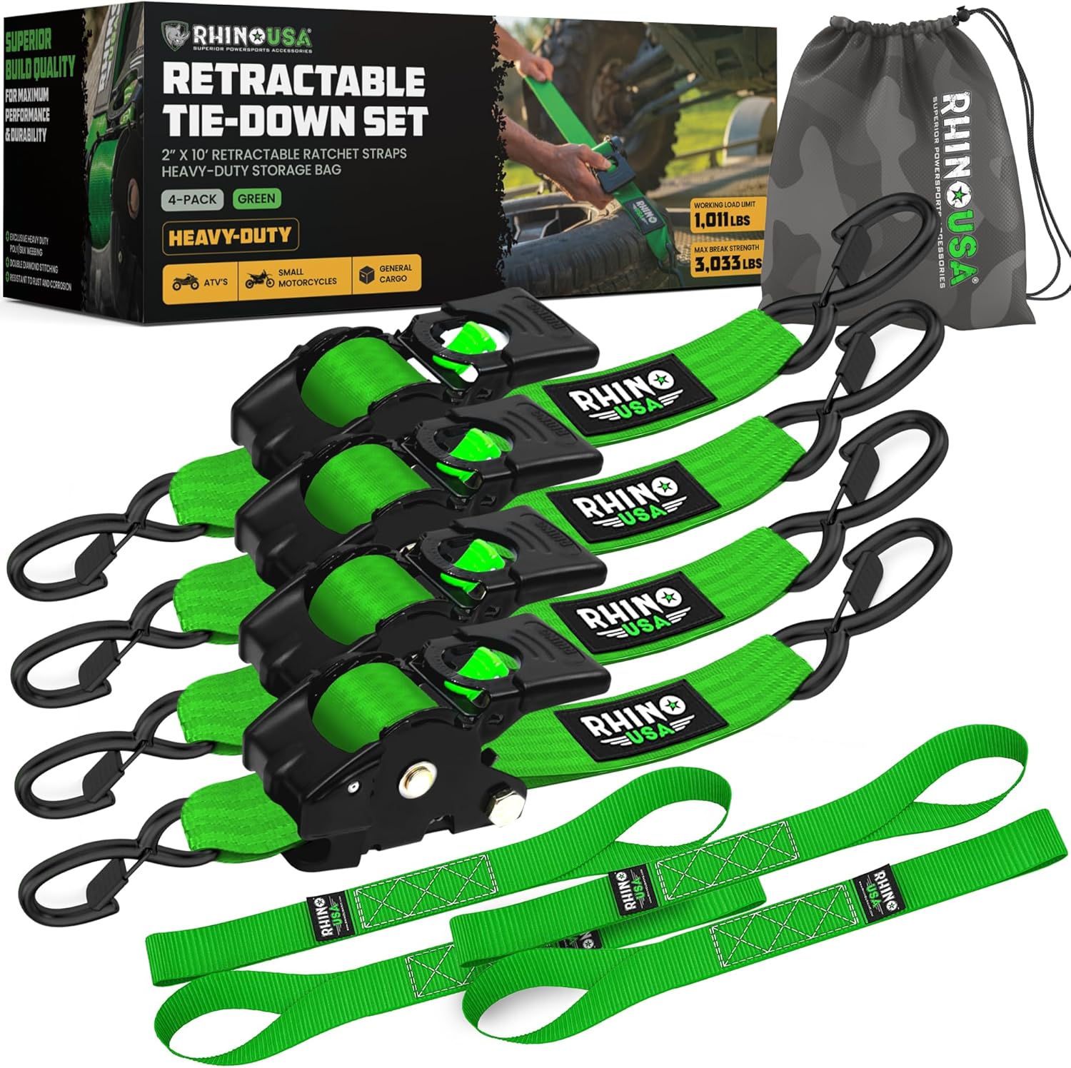 Rhino USA Retractable Ratchet Straps (4-Pack) – 2 Inch x 10 Feet (3,033lb Break Strength) – Heavy Duty Auto Self Retracting Tie Down Straps for Truck, Cargo Trailer, Motorcycle, Rad & More – Green