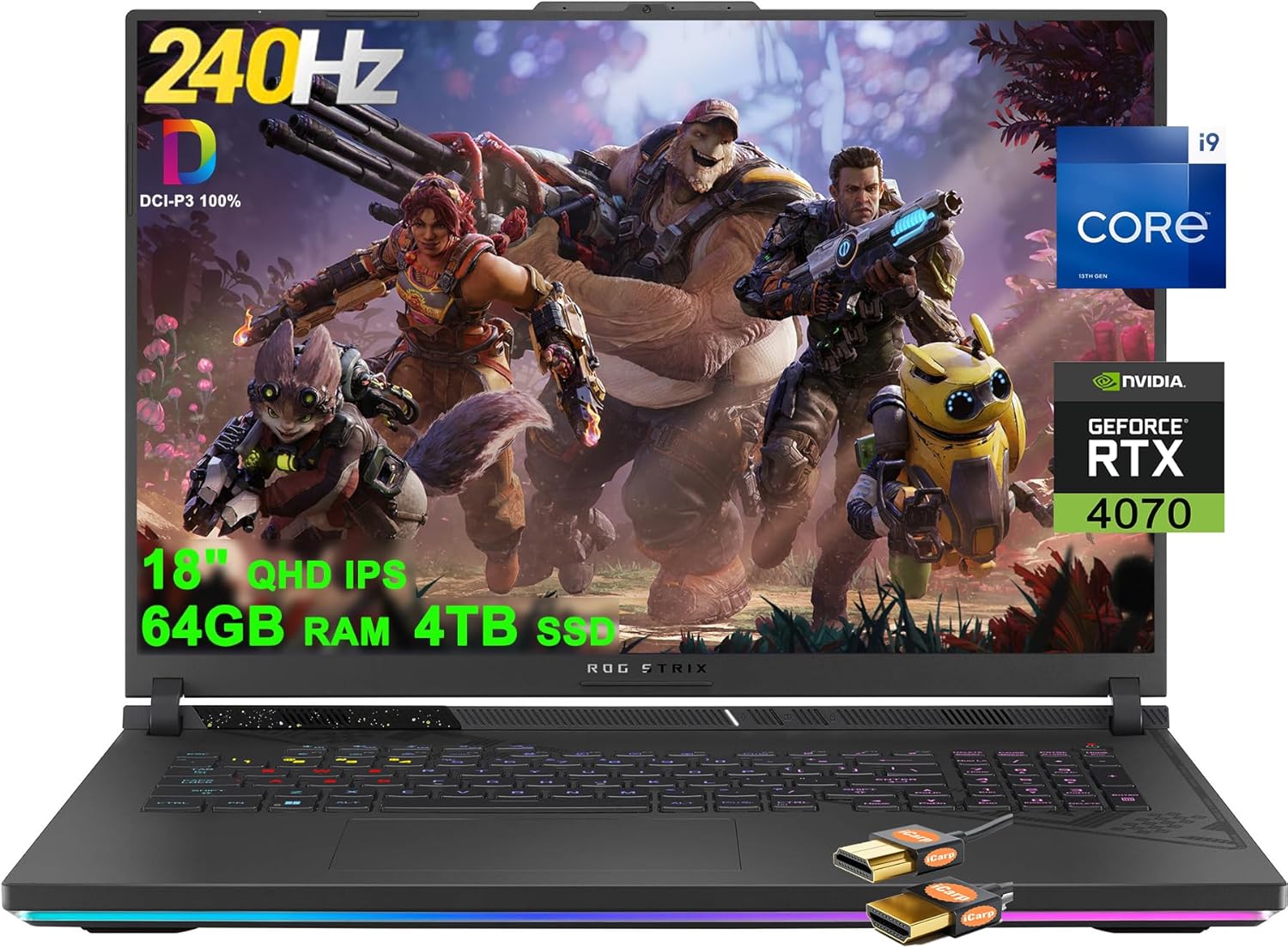 ASUS ROG Strix G18 G814 Gaming Laptop 18″ QHD 240Hz (100% DCI-P3, 3ms) Intel 24-Core i9-13980HX 64GB RAM 4TB SSD GeForce RTX 4070 8GB Thunderbolt RGB Backlit Fast Charging Win11 Black + HDMI Cable