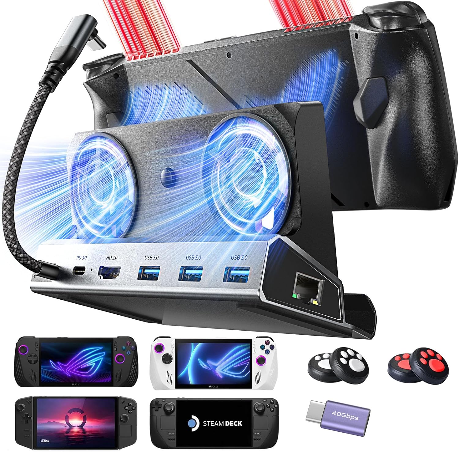 LISEN Docking Station for ASUS ROG ALLY X & Steam Deck & Lenovo Legion GO, Dual Cooling Fan [Zero Distraction] ROG ALLY Dock Station with 4K@60Hz,USB 3.0*3, PD100W and Ethernet Fit For Steam Deck OLED