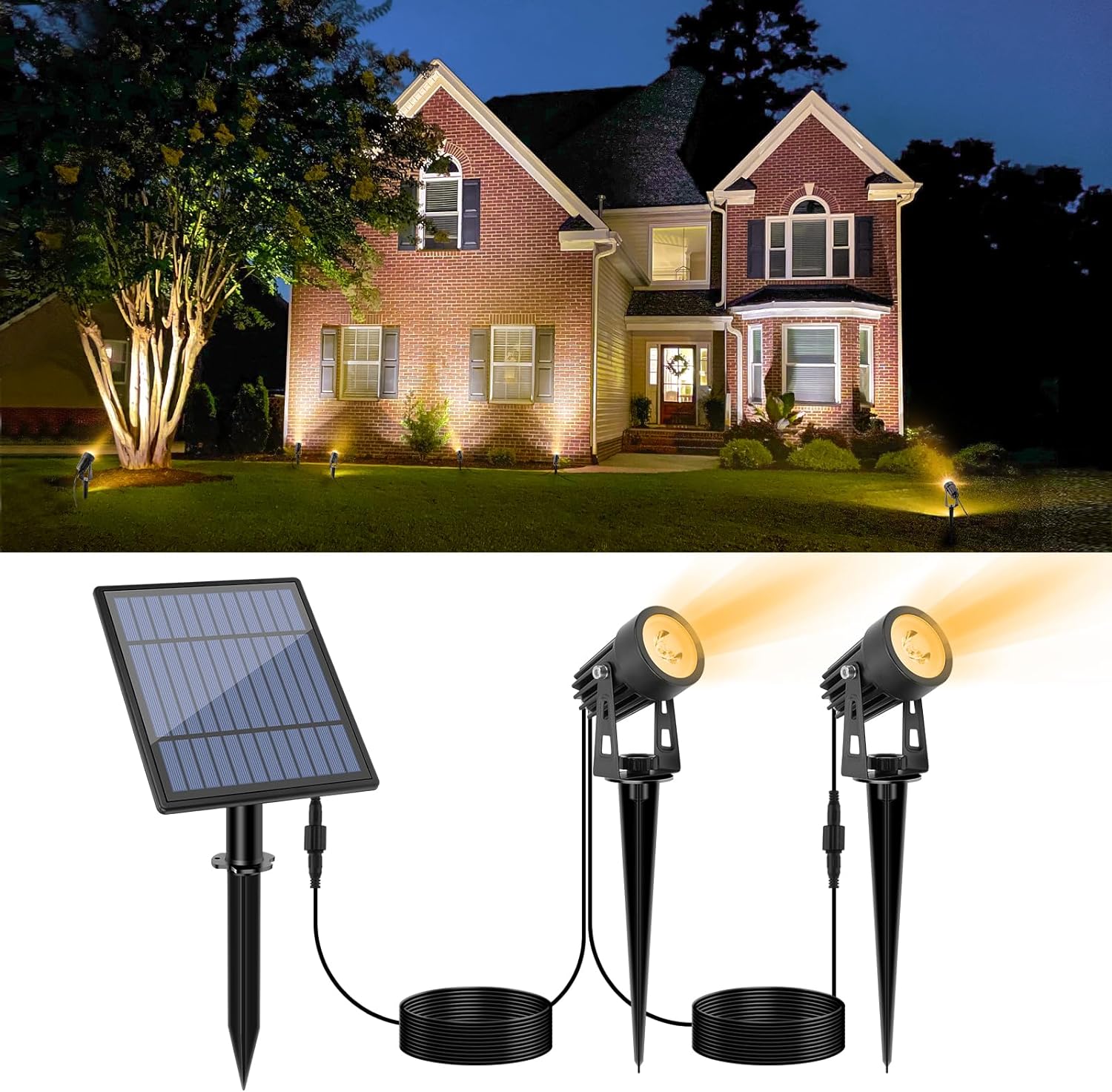 APONUO Led Solar Spotlights 9.8ft Cable Solar Powered Landscape Lights Outdoor Metal Spot Lights Low Voltage IP65 Waterproof Auto On/Off for Outdoor Garden Yard Landscape Downlight Warm White(2-in-1)