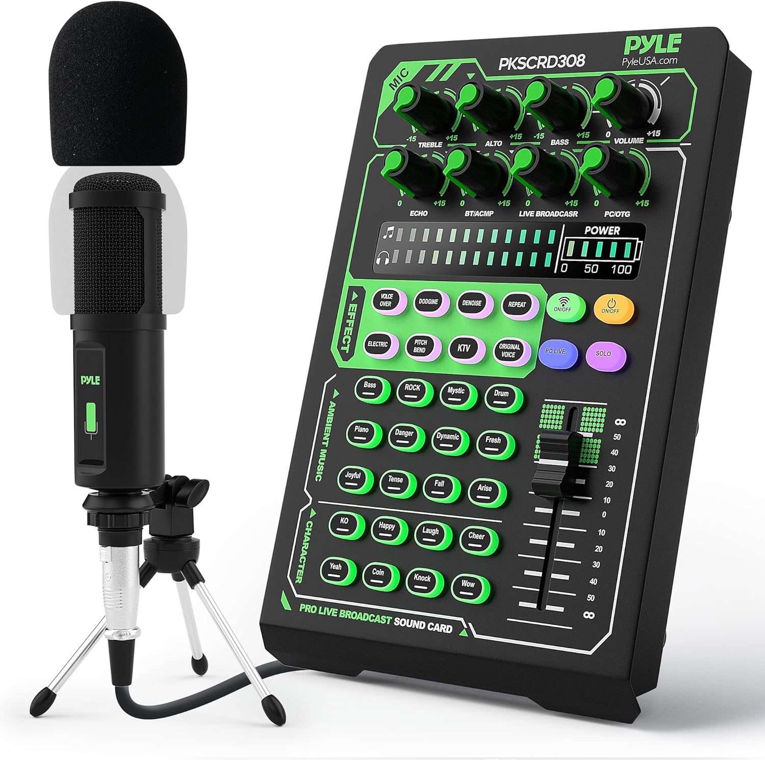 Pyle Portable Bluetooth Live Broadcast Sound Card Pro Audio Interface DJ mixer Condenser w/Microphone Set, for Streaming Podcasts Studio, Recording PC, Gaming, Phone, w/FX, Ambient Sounds