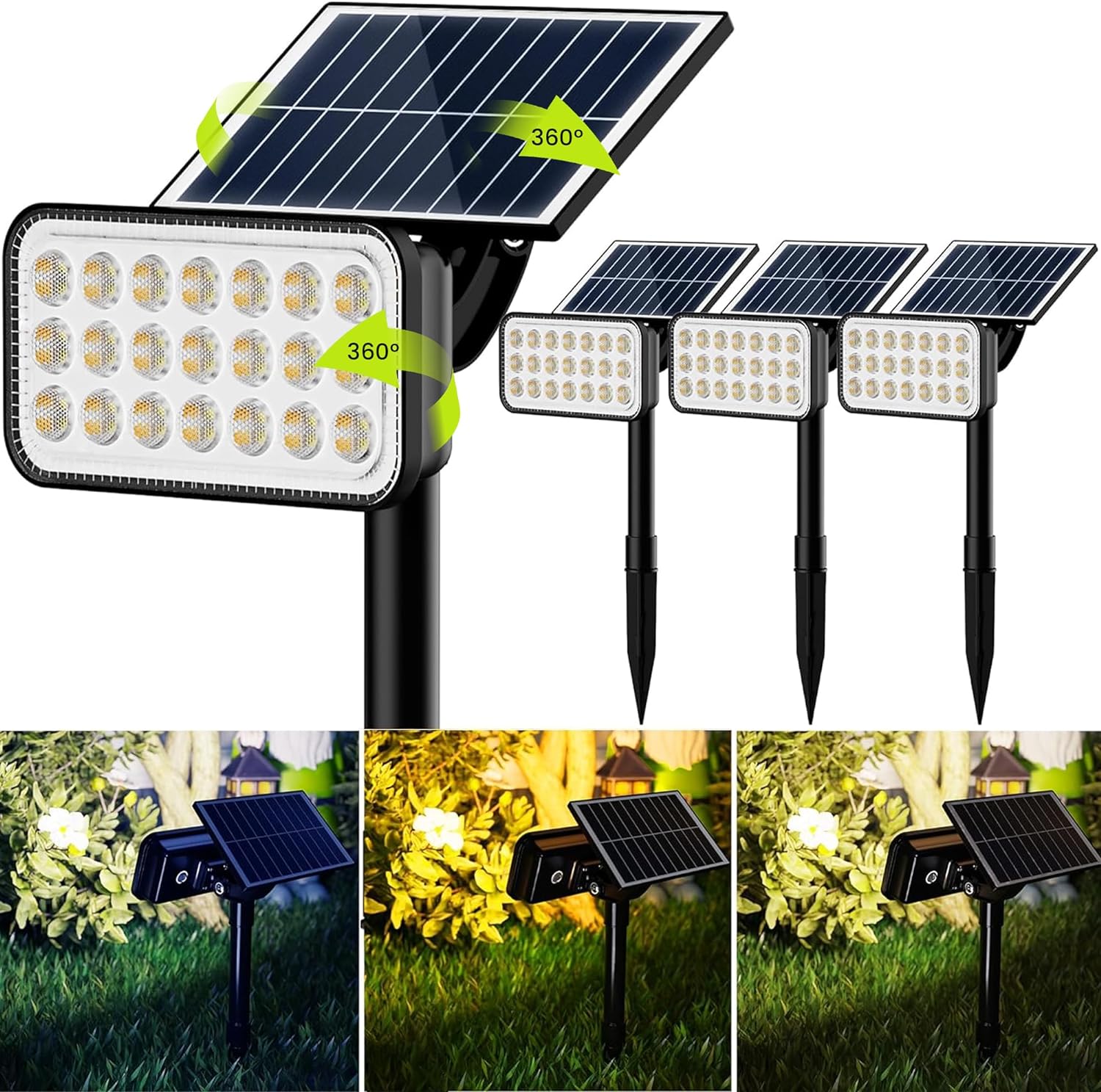 JACKYLED 84-LED Solar Spotlights 5 Lighting Modes 360° Adjustable IP65 Waterproof Super Bright Overnight Solar Spot Lights for Outside with Extendable Spike for Yard, Garden, Lawn, Pathway, 4 Pack