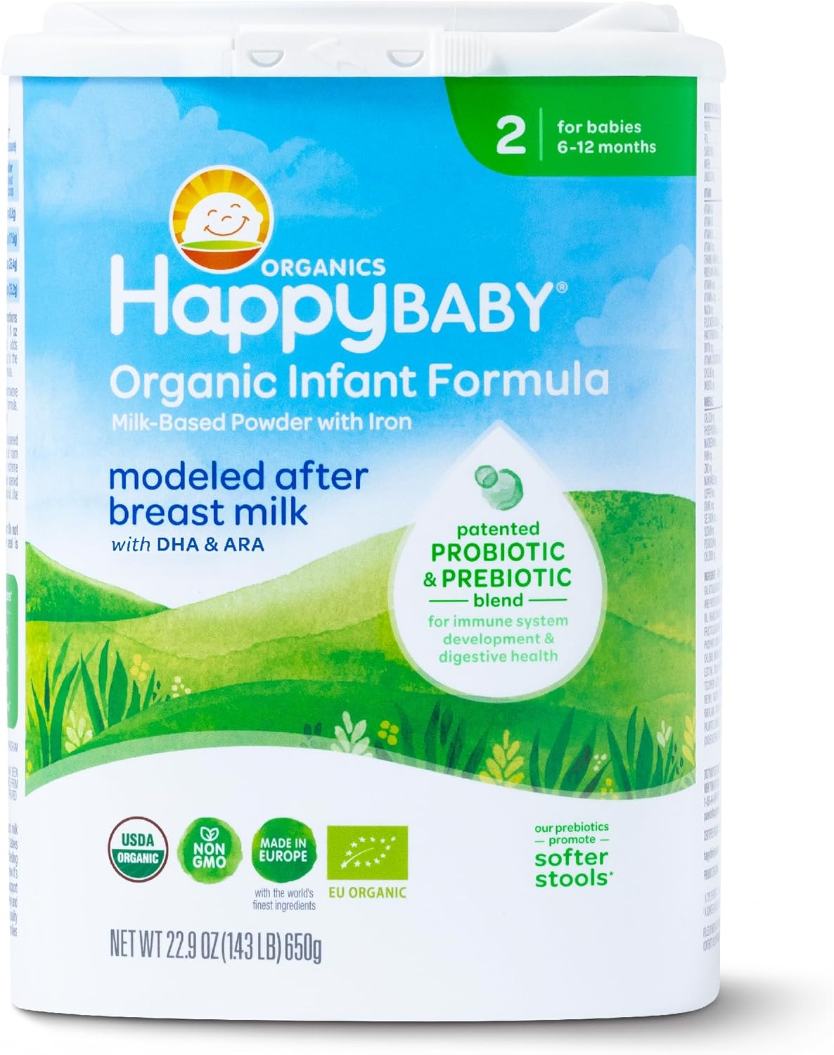 Happy Baby Organics Stage 2 Infant Formula, 6-12 Months, Milk Based Organic Baby Formula Powder with Iron, Probiotics & Prebiotics for Immune & Digestive Support, 22.9 Ounce (Pack of 1)