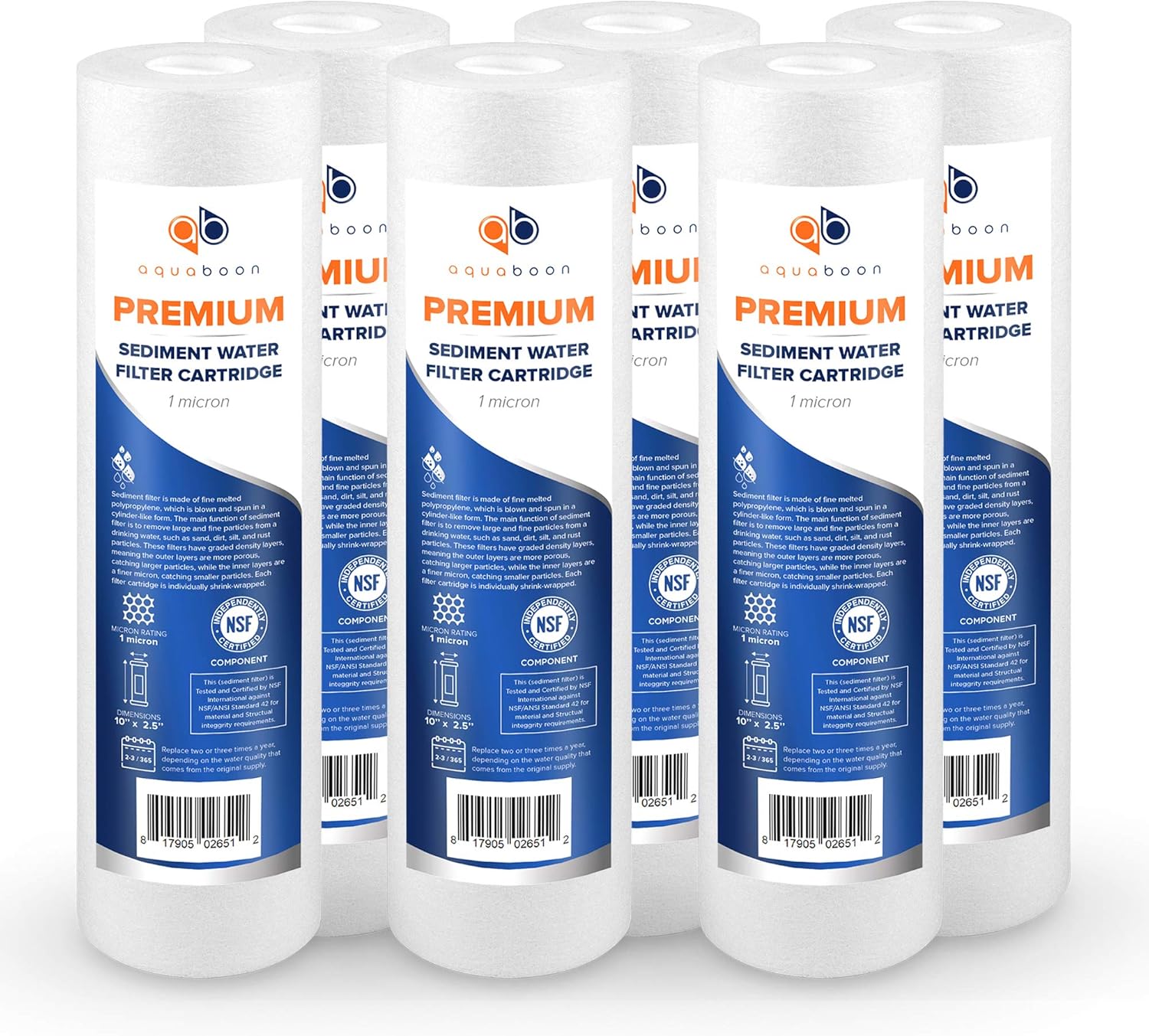 Aquaboon Premium 10” x 2.5” Whole House and Reverse Osmosis Sediment 1 Micron Water Filter Cartridge | Certified According to NSF | Compatible with Culligan P1, P1, PD-1-934 (6 Pack)