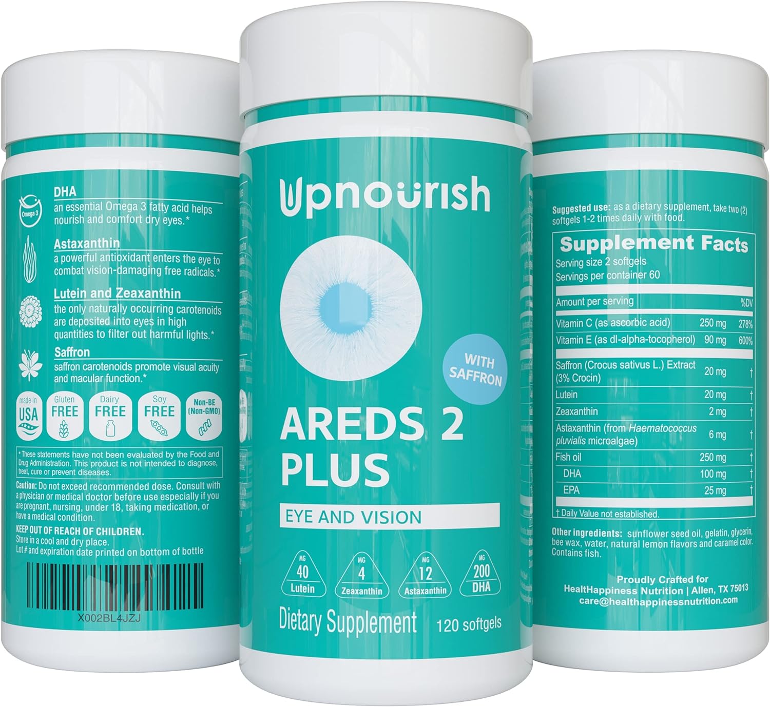 UpNourish AREDS 2+ – Advanced Eye Vitamin Supplement for Macular Health and Dry Eye – Lutein, Zeaxanthin, Saffron, Astaxanthin & DHA – Supports Eye Strain, Pressure, Night Vision – 120 softgels