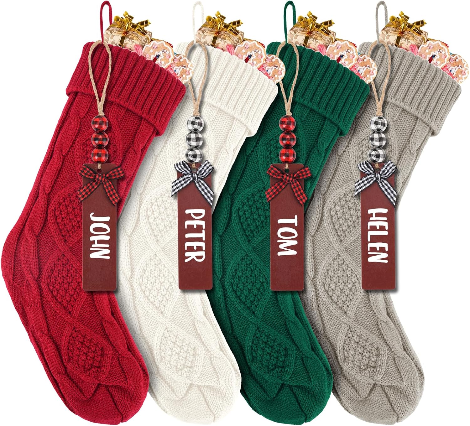 4-Pack Christmas Stockings, 18-Inch Knitted Stockings for Mantel and Tree Decor, Red, Green, White, Gray with Customizable Wooden Tags