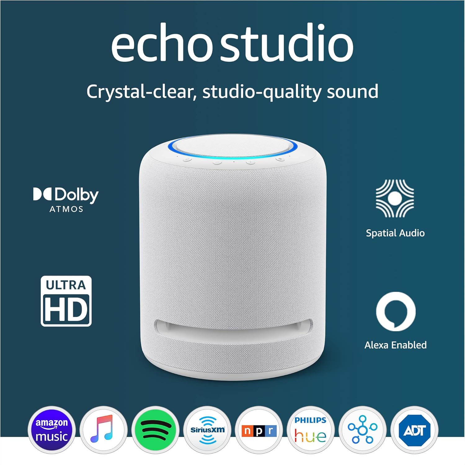 Amazon Echo Studio (newest model), Our best-sounding smart speaker ever – With Dolby Atmos, spatial audio processing technology, and Alexa, Glacier White