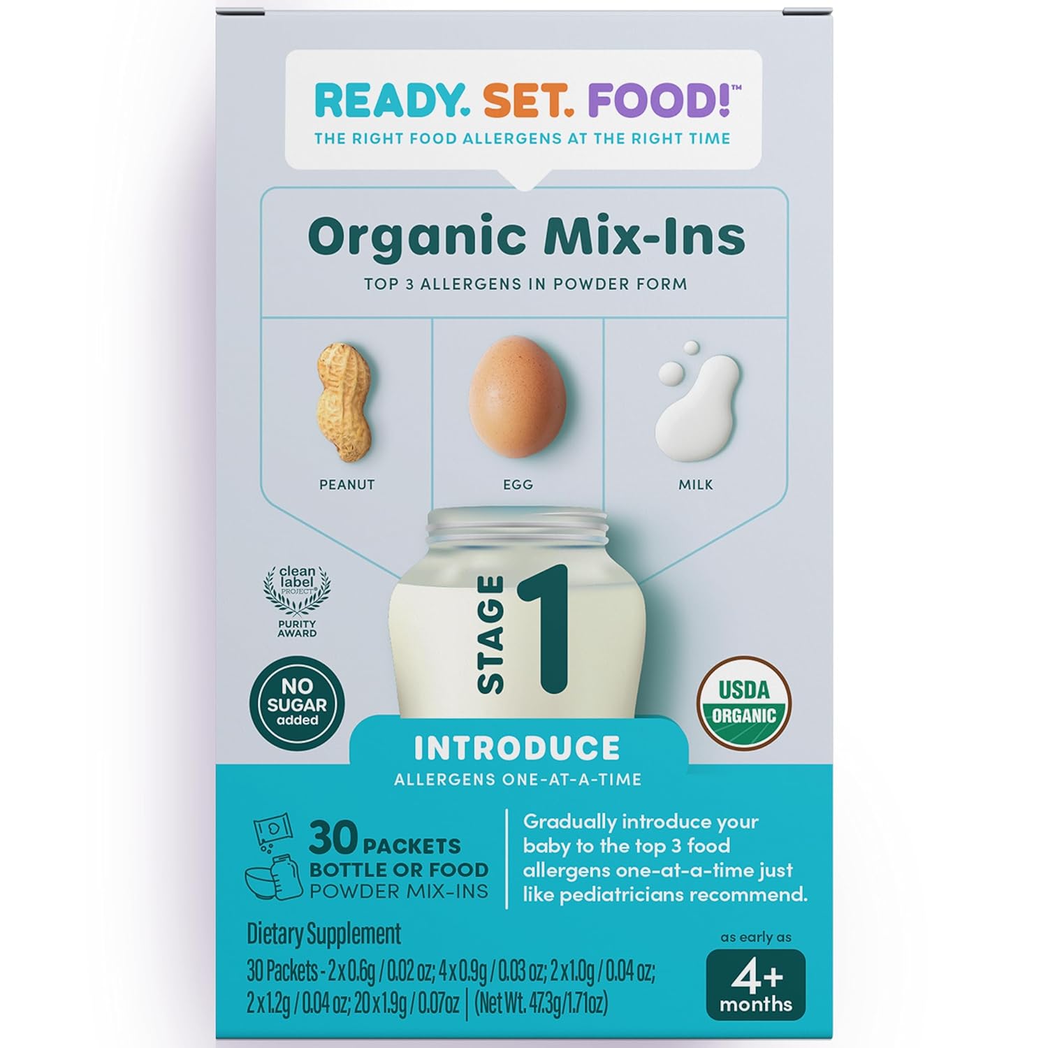 Stage 1 Mix-ins – Safe & Easy Early Allergen Introduction for Babies 4+ Months, Mix with Breastmilk, Formula & Baby Food, With 3 Top Allergens: Organic Peanuts, Milk & Eggs By Ready Set Food!(30 Days)