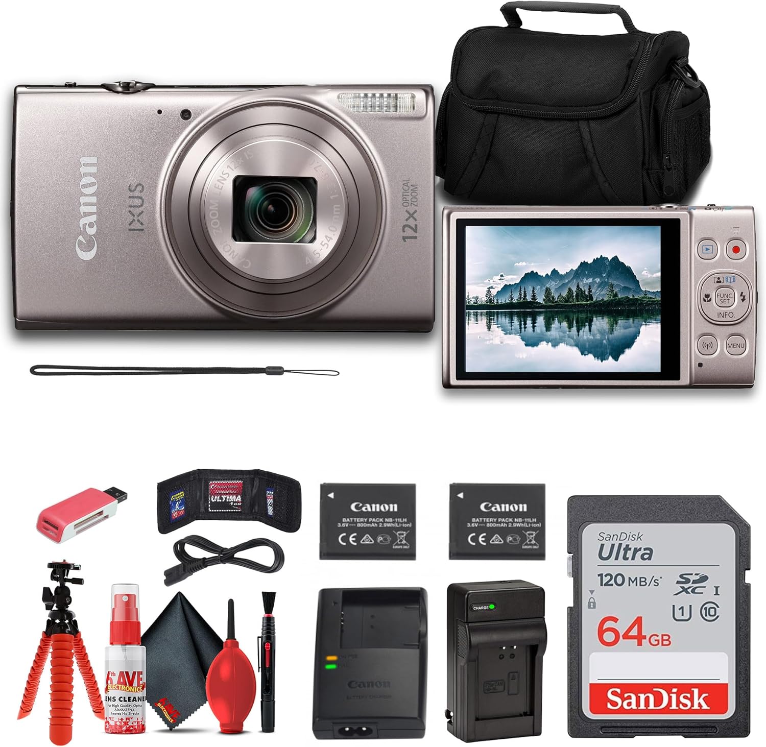 Canon PowerShot IXUS 285 HS 12X Optical Zoom Digital Camera (Silver) (1079C001) + NB11L Battery + 64GB Memory Card + Case + Charger + Card Reader + Flex Tripod + Cleaning Kit + Memory Wallet (Renewed)