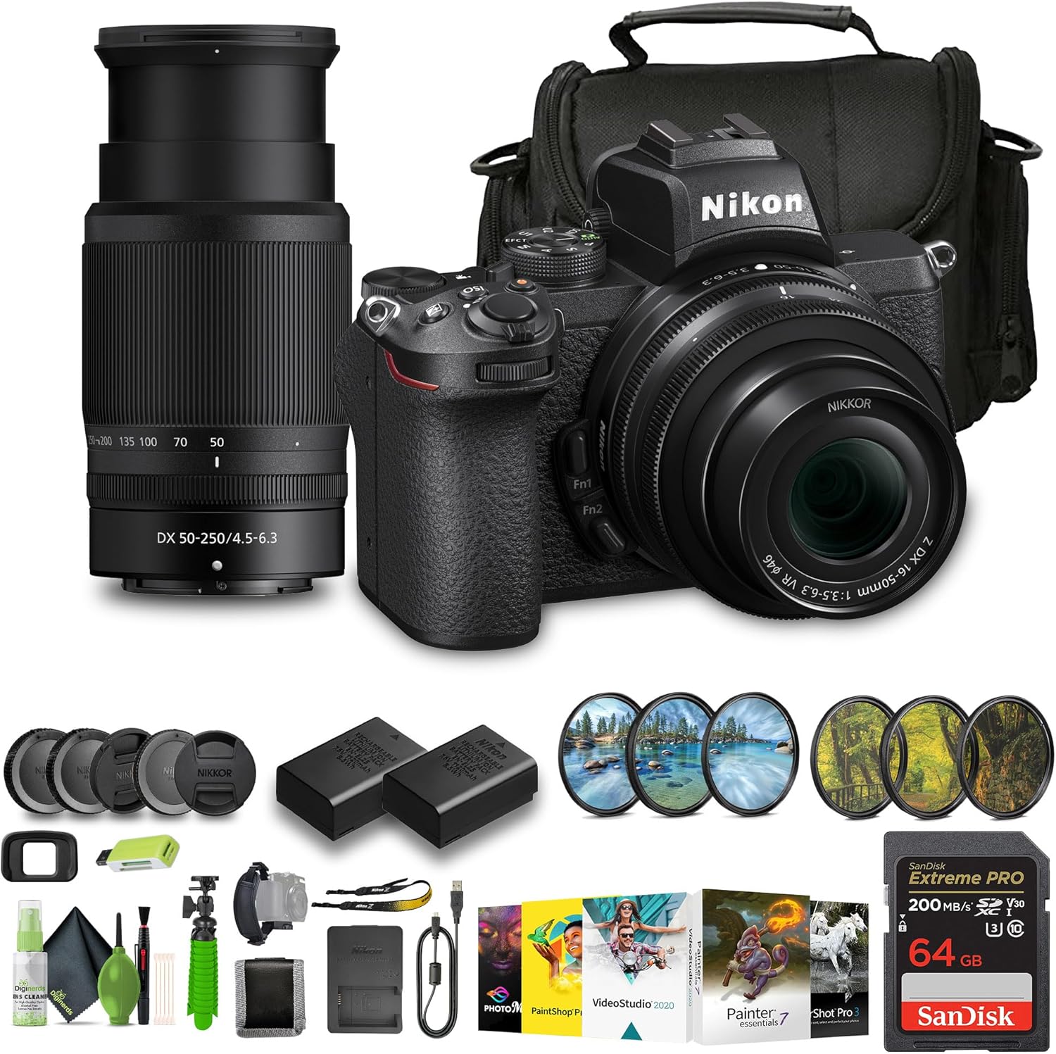 Nikon Z50 Compact Lightweight Mirrorless Camera with 16-50mm and 50-250mm Lenses + ENEL25 Replacement Battery + Extreme PRO 64GB Card+ UV Lens Filter + Photo Editing Software + More