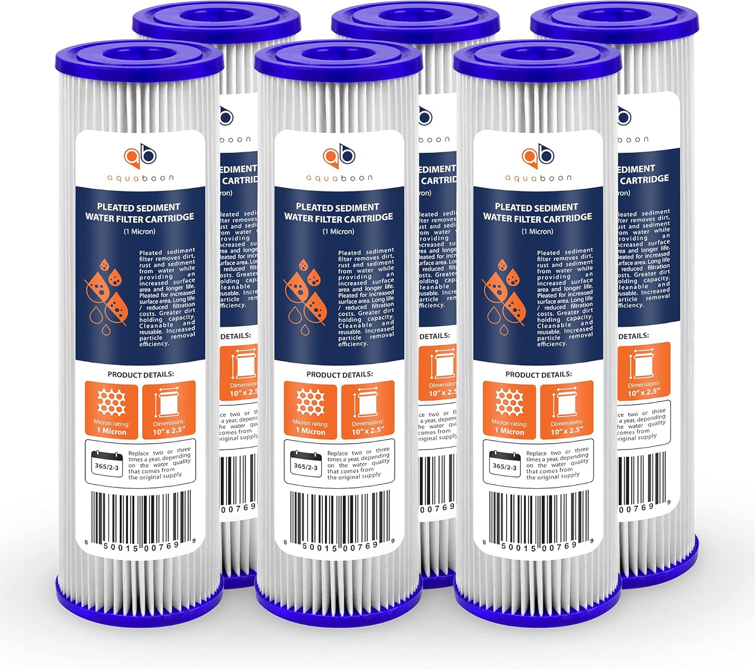 Aquaboon 1 Micron Pleated Water Filter 10 x 2.5 – Whole House Sediment Filter Replacement Cartridge Compatible with WFPFC3002, WHKF-WHPL, 6-Pack