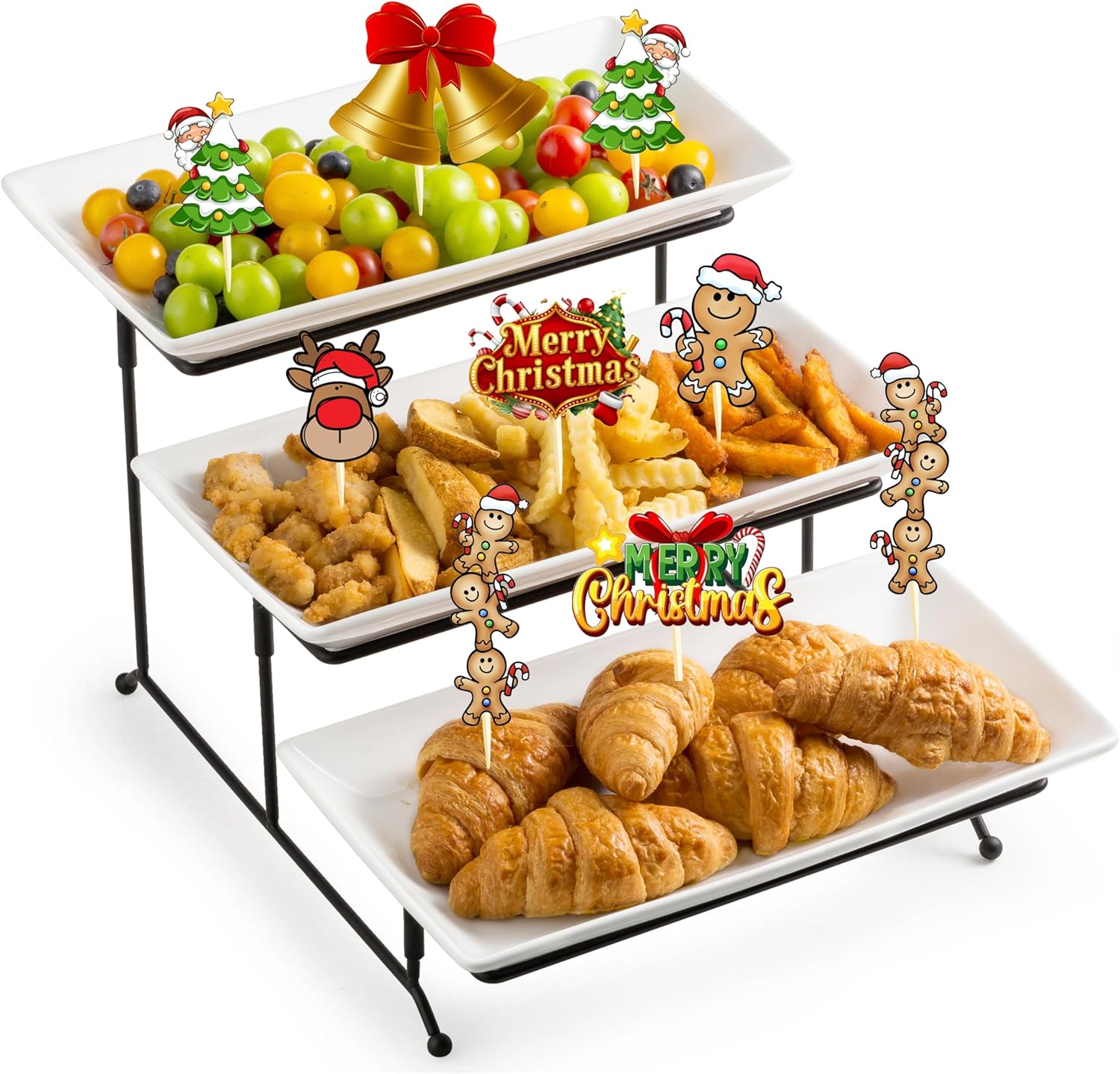 LYEOBOH Tiered Serving Stand and Platters Set, Large Tiered Tray Stand, 3 Tier Serving Tray with Collapsible Sturdier Rack, 12 Inches Tier Serving Platter for Party, Display, Dessert, and Cupcake