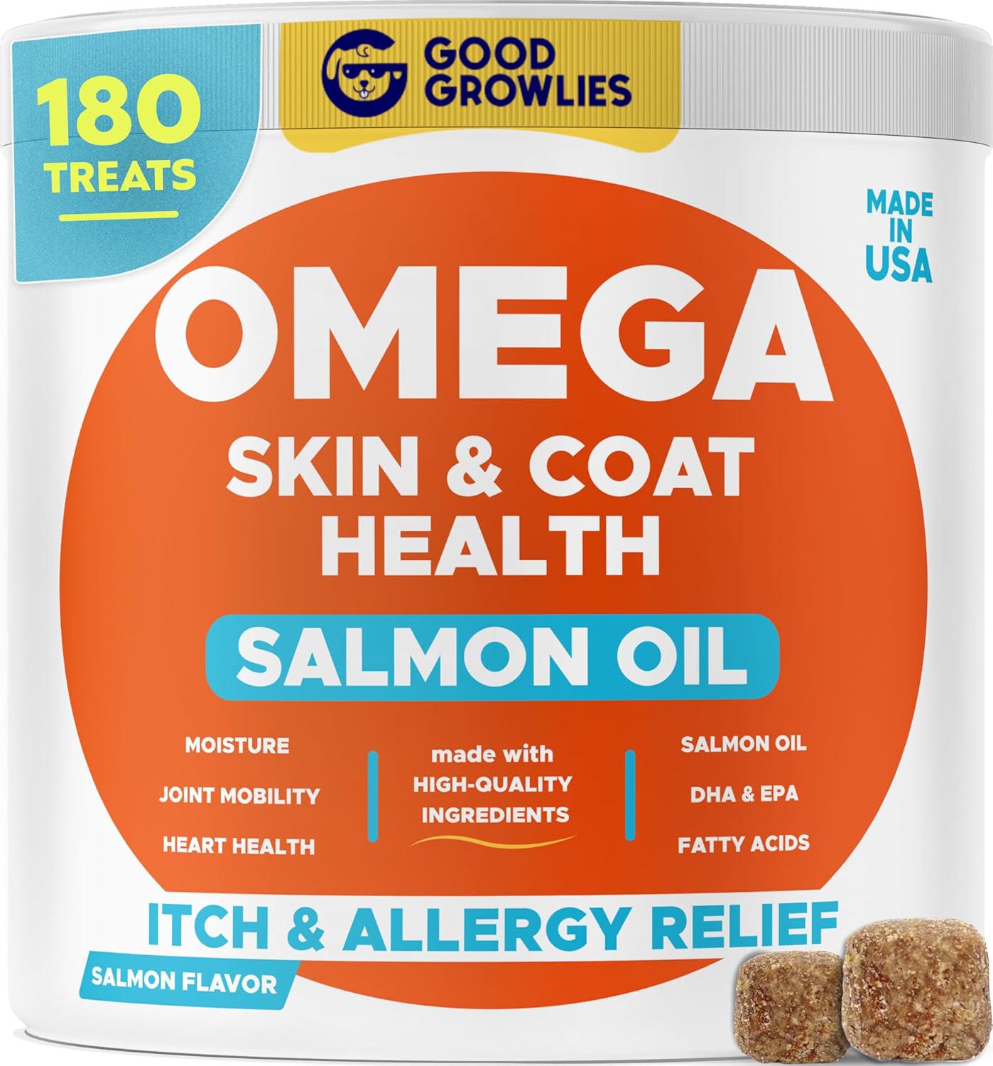 Omega 3 Alaskan Fish Oil Treats for Dogs 180 Ct – Dry & Itchy Skin Relief + Allergy Support – Shiny Coats – EPA&DHA Fatty Acids – Natural Salmon Oil Chews, Hip & Joint Support – Salmon