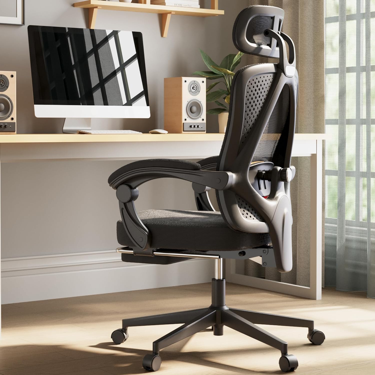 Dowinx Ergonomic Office Chair,Breathable Mesh Computer Chair with Pocket Spring Cushion,Comfy Desk Chair with Adjustable Lumbar Support and Headrest,Steel Base Swivel Task Chair with Footrest,Black