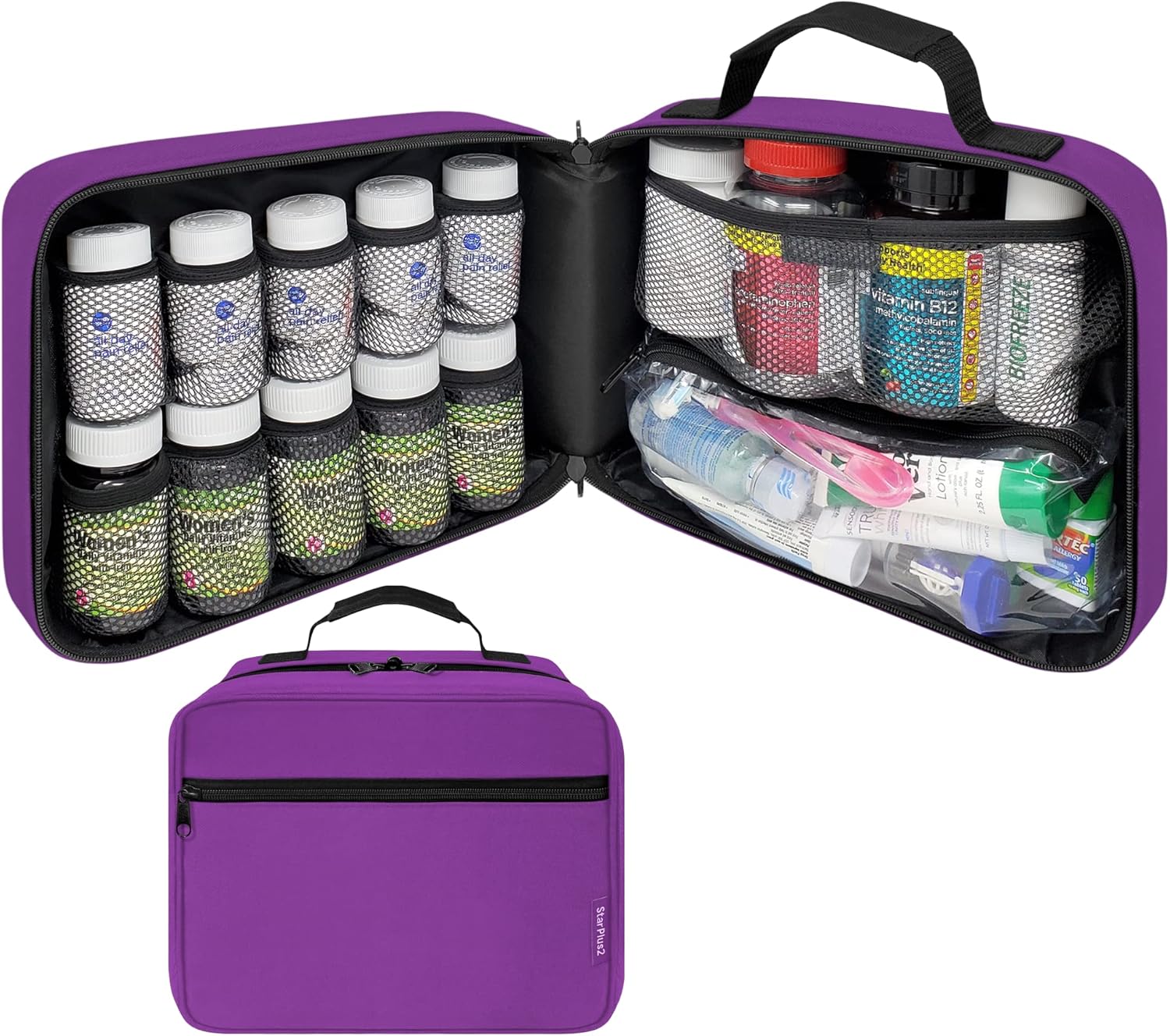 Large Padded Pill Bottle Organizer, Medicine Bag, Case, Carrier for Medications, Vitamins, and Medical Supplies – Travel Medicine Organizer and Home Storage Med Bag – Purple (Without Lock)