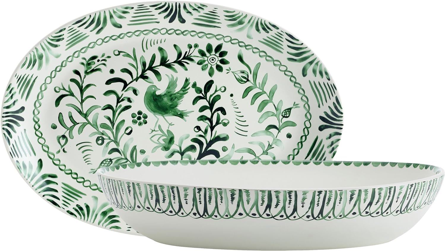 Fitz and Floyd Sicily Green Serving Bowl and Platter, 2 Piece Set