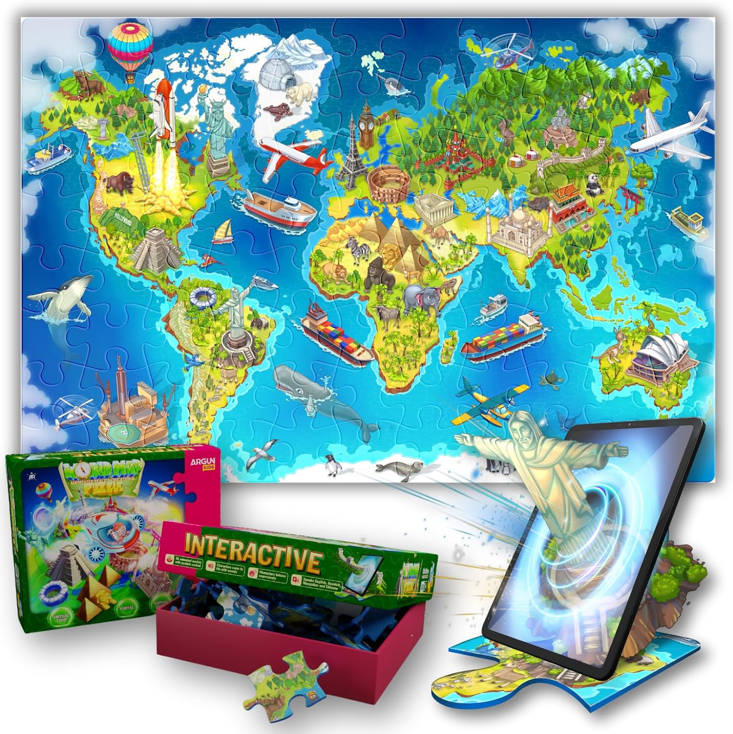 ARGUN World MAP Augmented Reality Educational Floor Puzzle for Kids Ages 3-10 Years Old, AR Fun Jigsaw Puzzle, 88 PCS Interactive Puzzle, Organic Soy Ink Materials, Premuim Quality