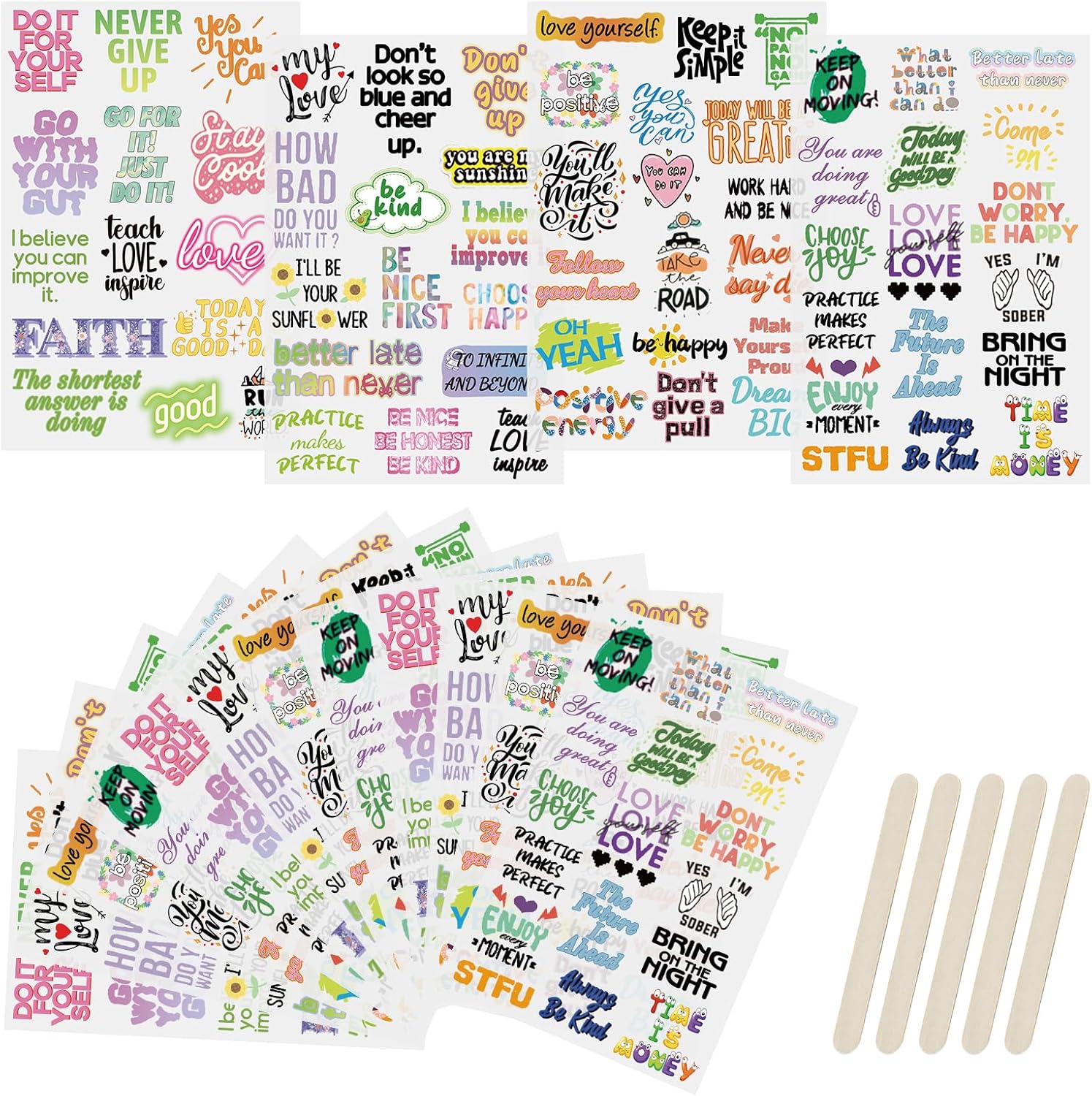 WANDIC Rub On Transfer Stickers, 16 Sheets 4 Styles Inspirational Words Transfer Stickers Positive Motivational Quote Decals for Scrapbook Journal,4 * 6in