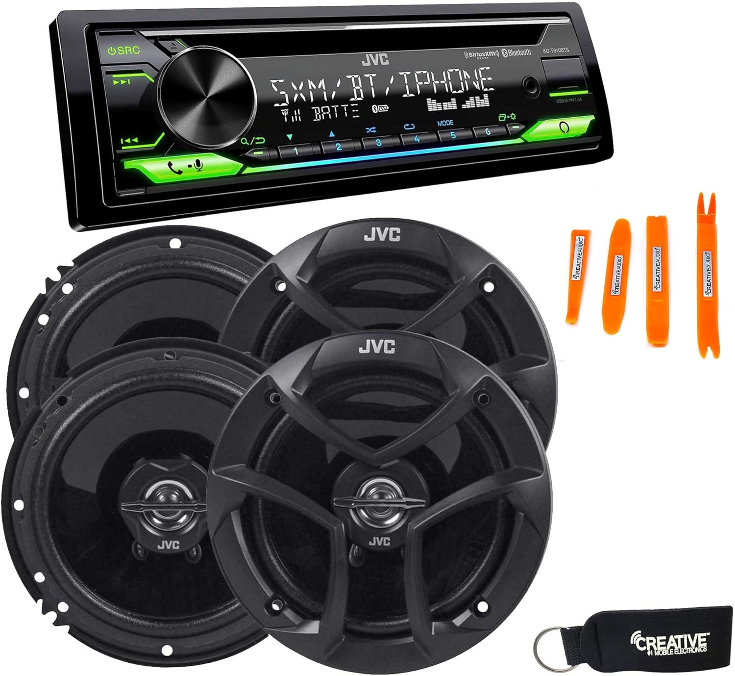 JVC KD-T910BTS – CD Receiver w/Bluetooth, Front USB, AUX, Amazon Alexa, SirusXM Ready + Two Pairs of JVC 6.5″ Speakers