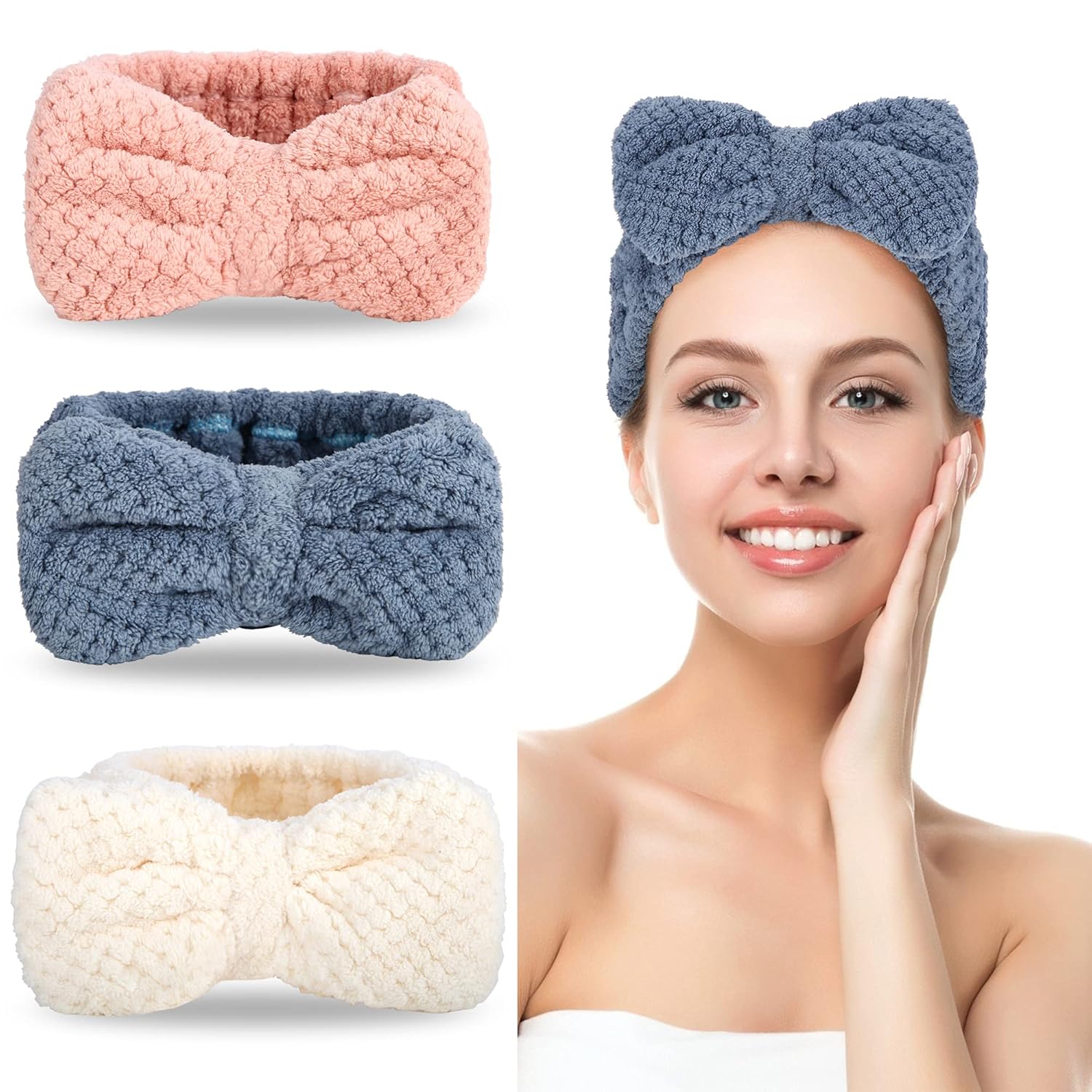 3 Pack Microfiber Bowtie Headbands for Women – Makeup, Skincare, Face Washing Headbands (White, Pink, Navy)