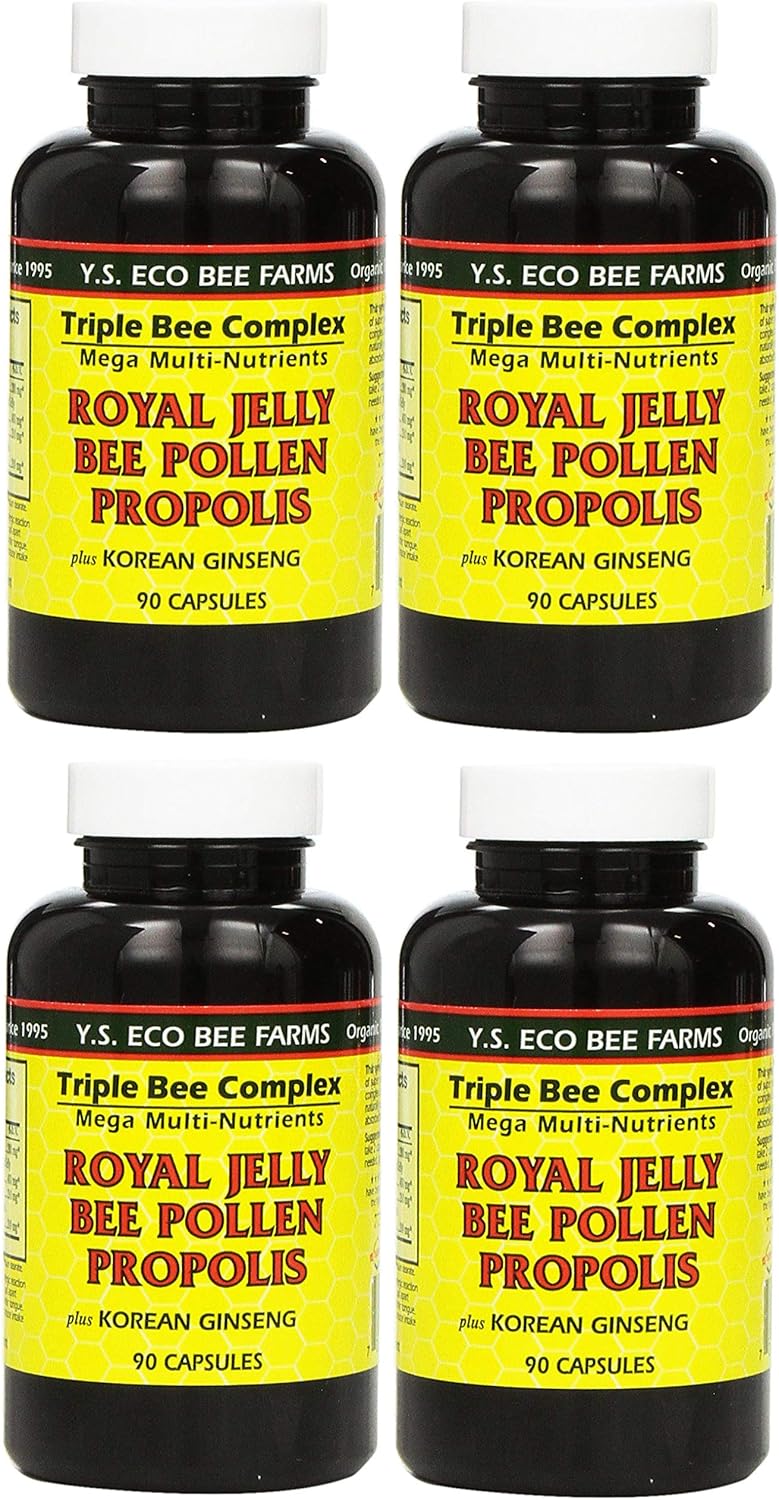 Y.S. Eco Bee Farms, (4 Pack) Royal Jelly, Bee Pollen, Propolis, Plus Korean Ginseng, 90 Capsules