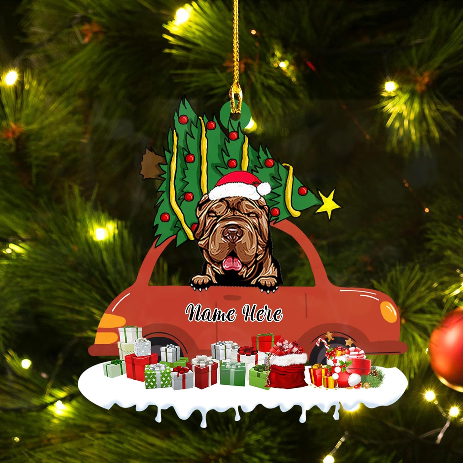 Personalized Shar Pei Dog Christmas Tree Ornament 2024, Dog On Car Christmas Hanging Ornament for Xmas Tree, Flat 2-Sided Acrylic Ornaments for Dog Lovers Gift, Home Decor