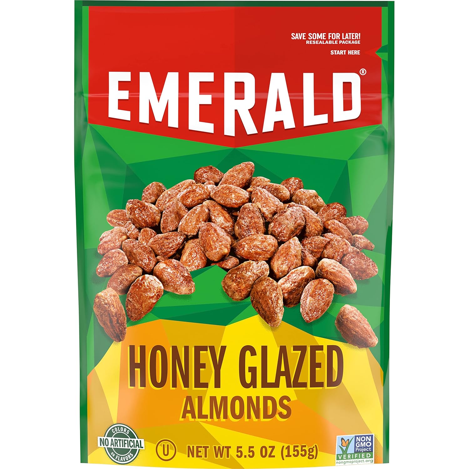 Emerald Nuts Honey Glazed Almonds (1-Pack), 5.5oz Resealable Bag, Kosher Dairy Certified, Non-GMO, Contains No Artificial Preservatives, Flavors or Synthetic Colors